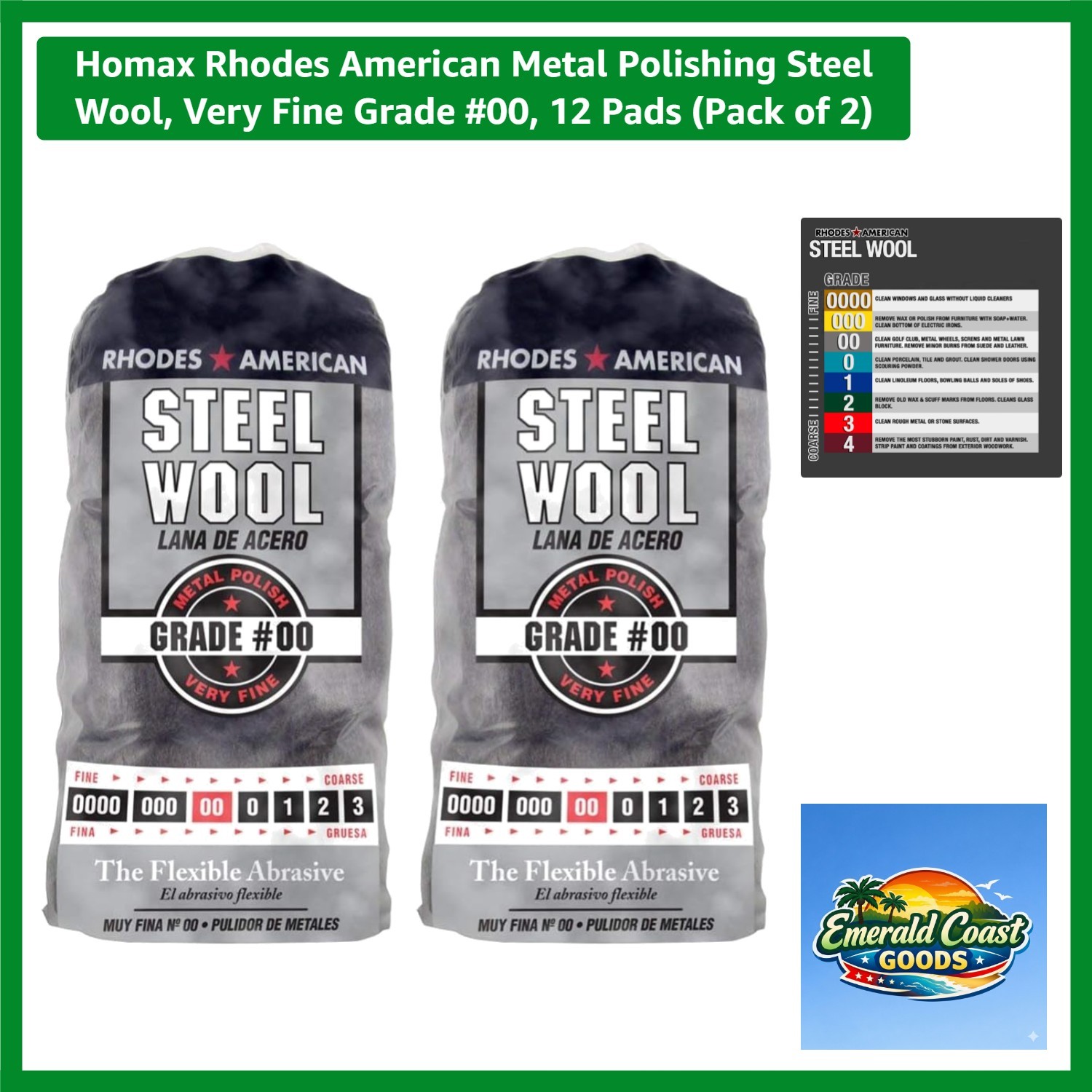 Rhodes Steel Wool Pads - Very Fine Grade #00 for Ultimate Metal Care, 2 Packs