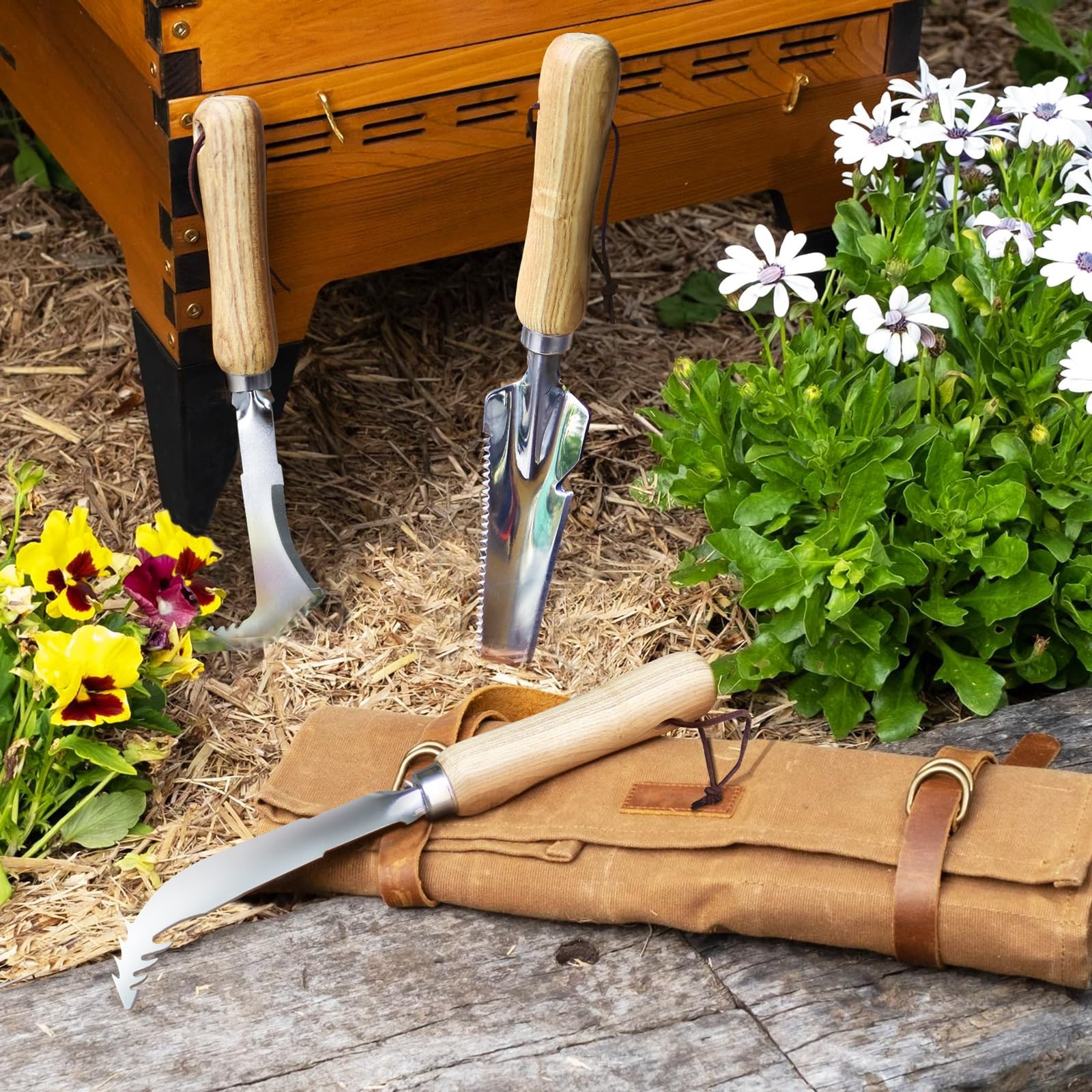 Jardineer Weed Puller Tools Set, 3 Pack Hand Crack Weeder, Stainless wooden