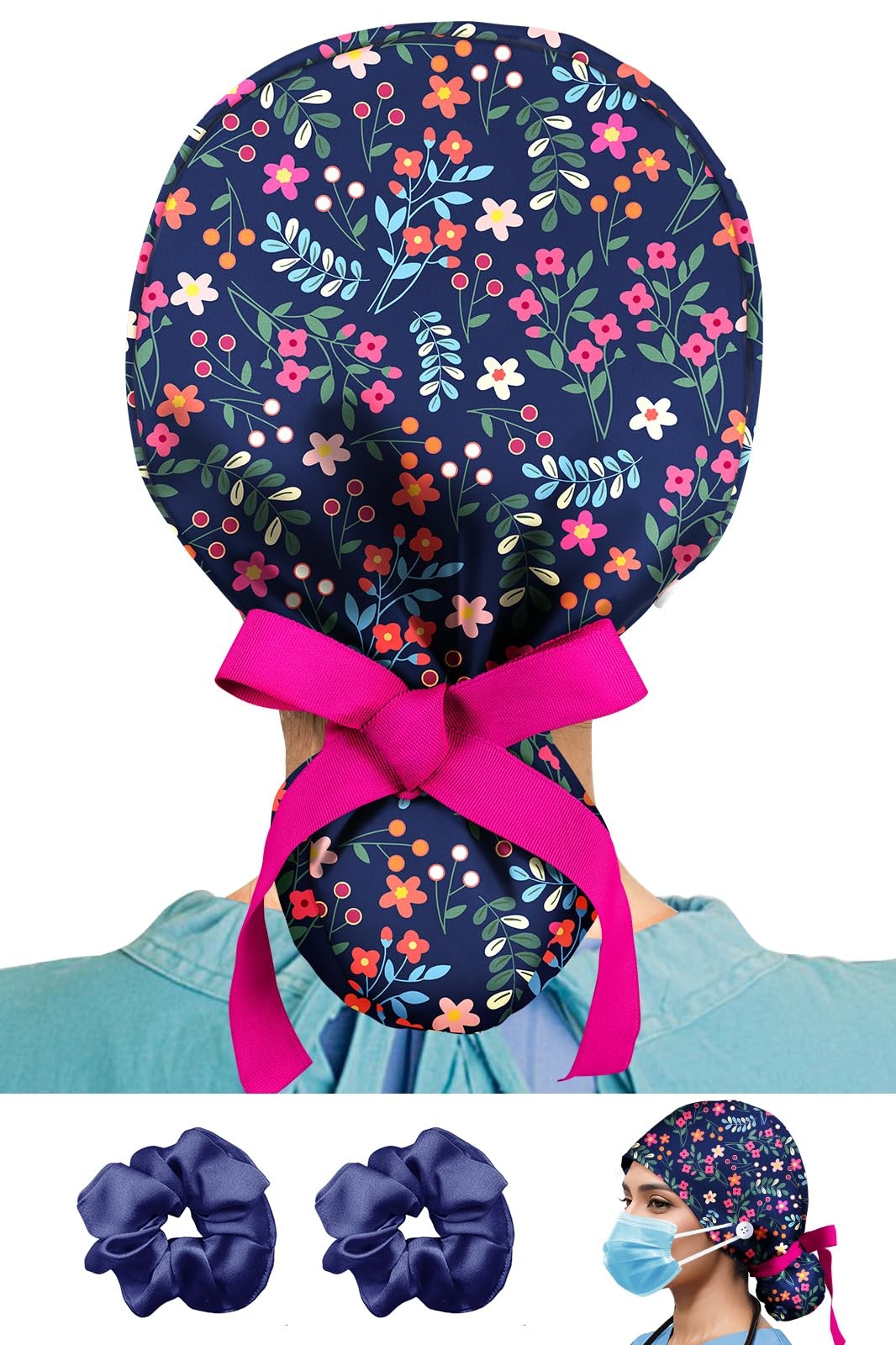 Scrub Cap Adjustable with Sweatband  Buttons - 100 Cotton Cute Navy Blue Flow...
