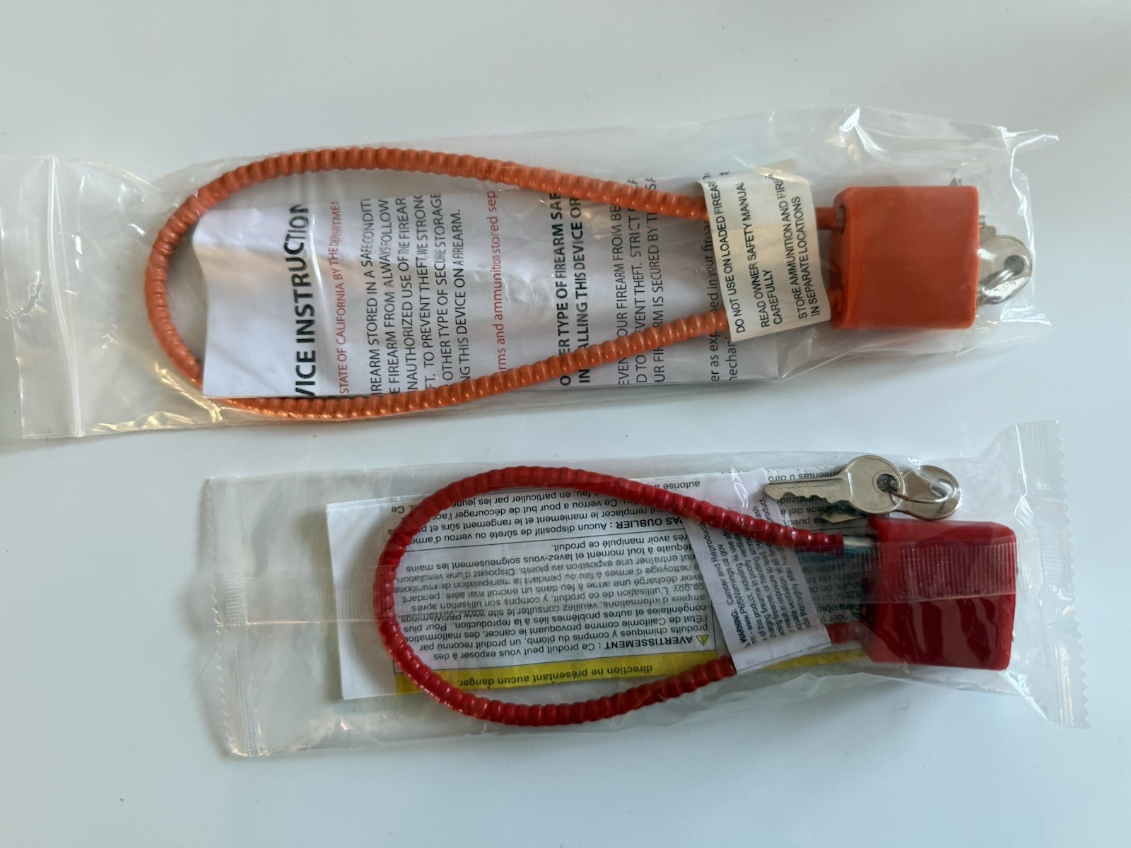 Lot of 2 Cable Gun Locks with 2 Keys~ Orange and Red Cable~2 sizes