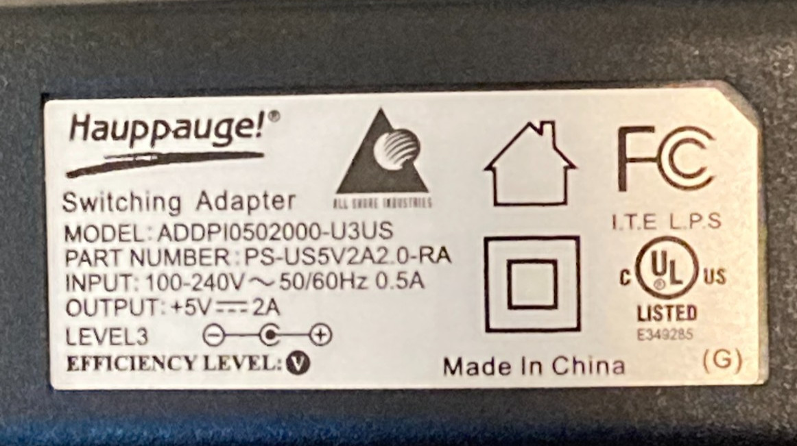 Hauppauge ADDPI0502000-U3US / PS-US5V2A2.0-RA Power Supply Adapter