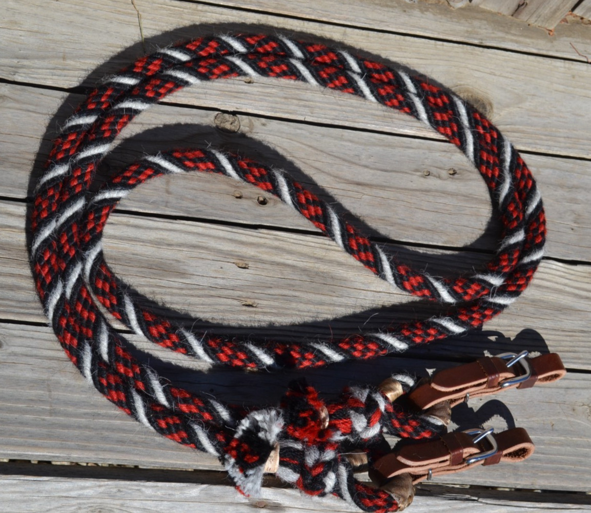 5/8" Alpaca Loop Roping / Trail Reins w/Leather - 9.25 ft - Black/Red/Lt. Grey