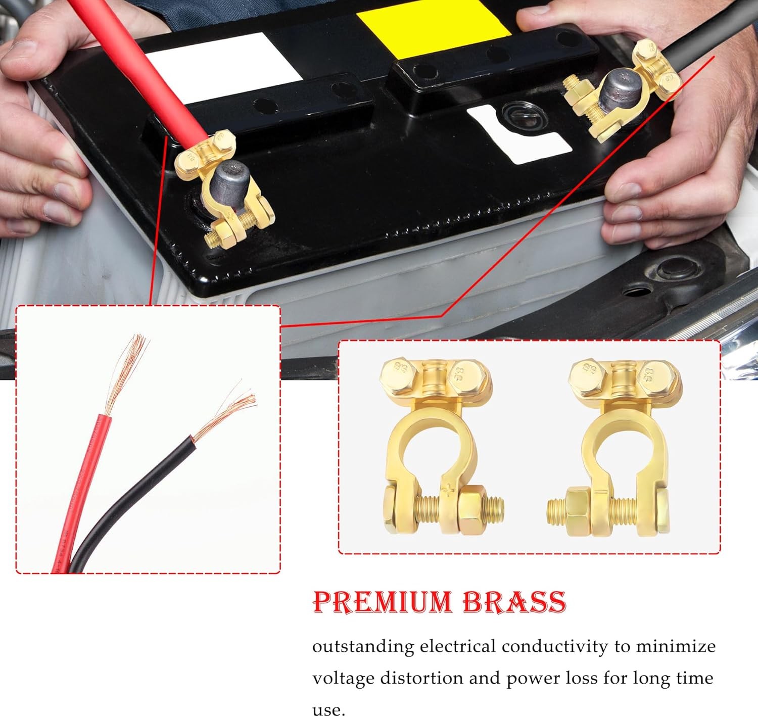 2PCS Positive & Negative Battery Terminal Connectors,Brass Cable...