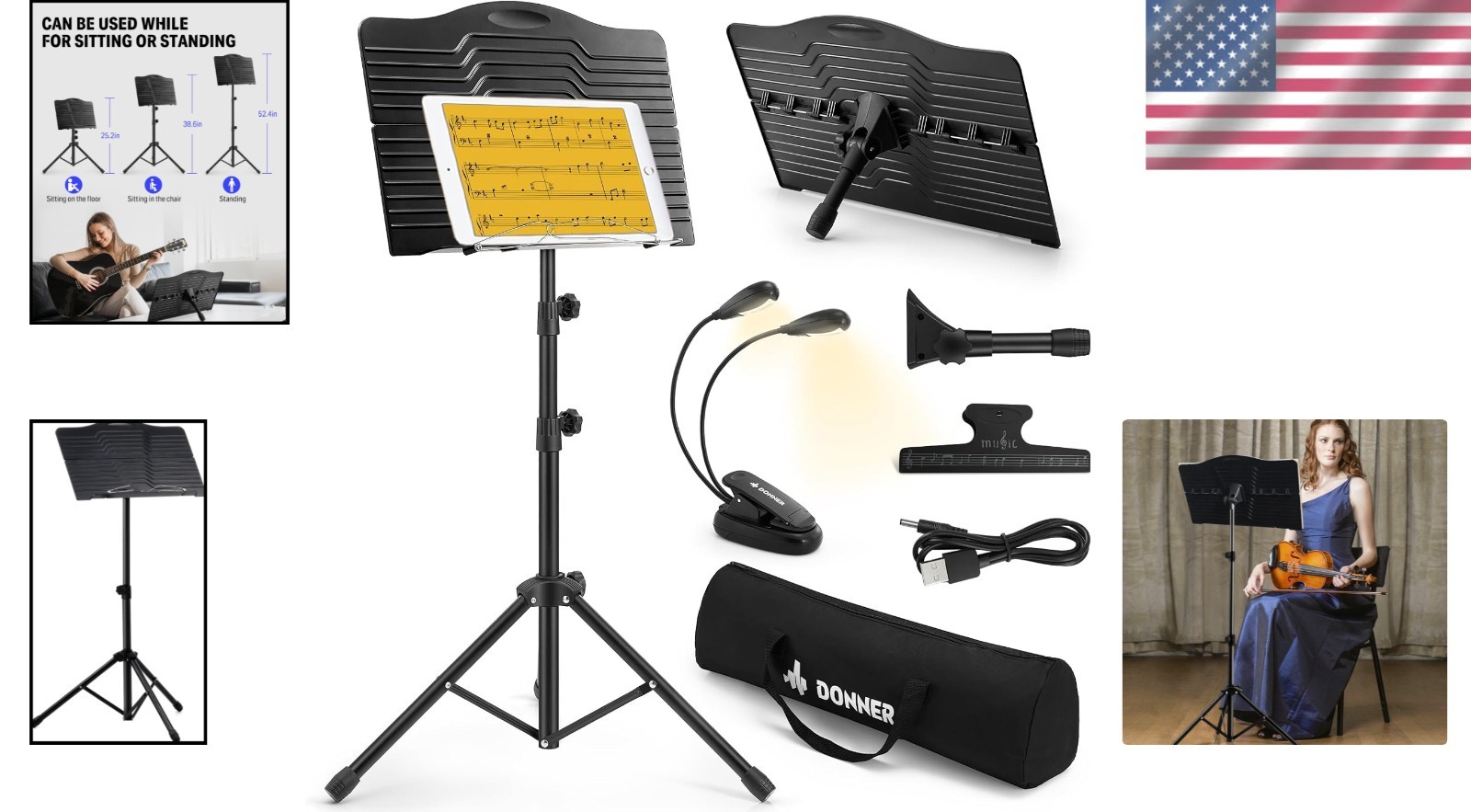 Foldable Music Stand with Light and Accessories - Versatile for Stage or Studio