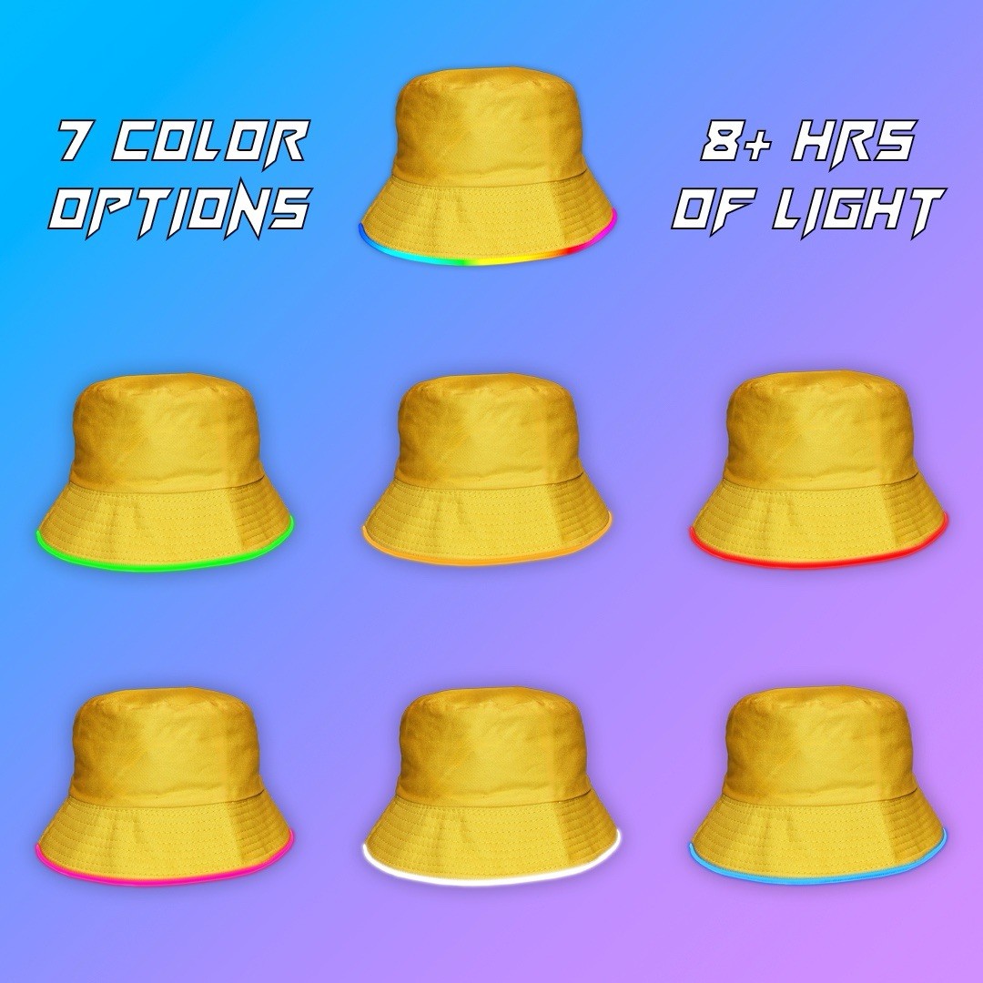 LED Bucket Hat (Yellow) - 7 Color LED Rave Hat - Light Up Festival Hats