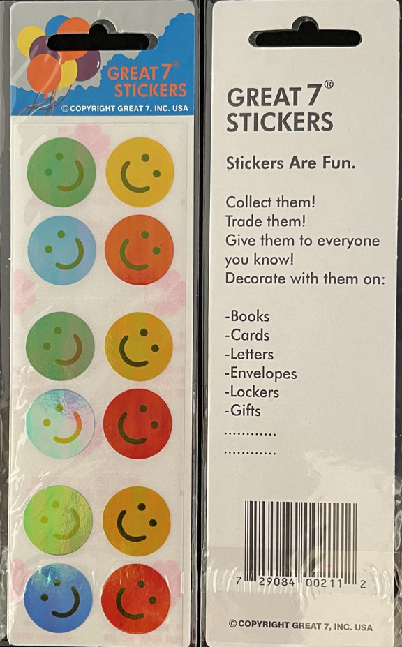 12 packages of Pearlized Smile Face Stickers, "Great 7" Sticker Designs, PMP6017