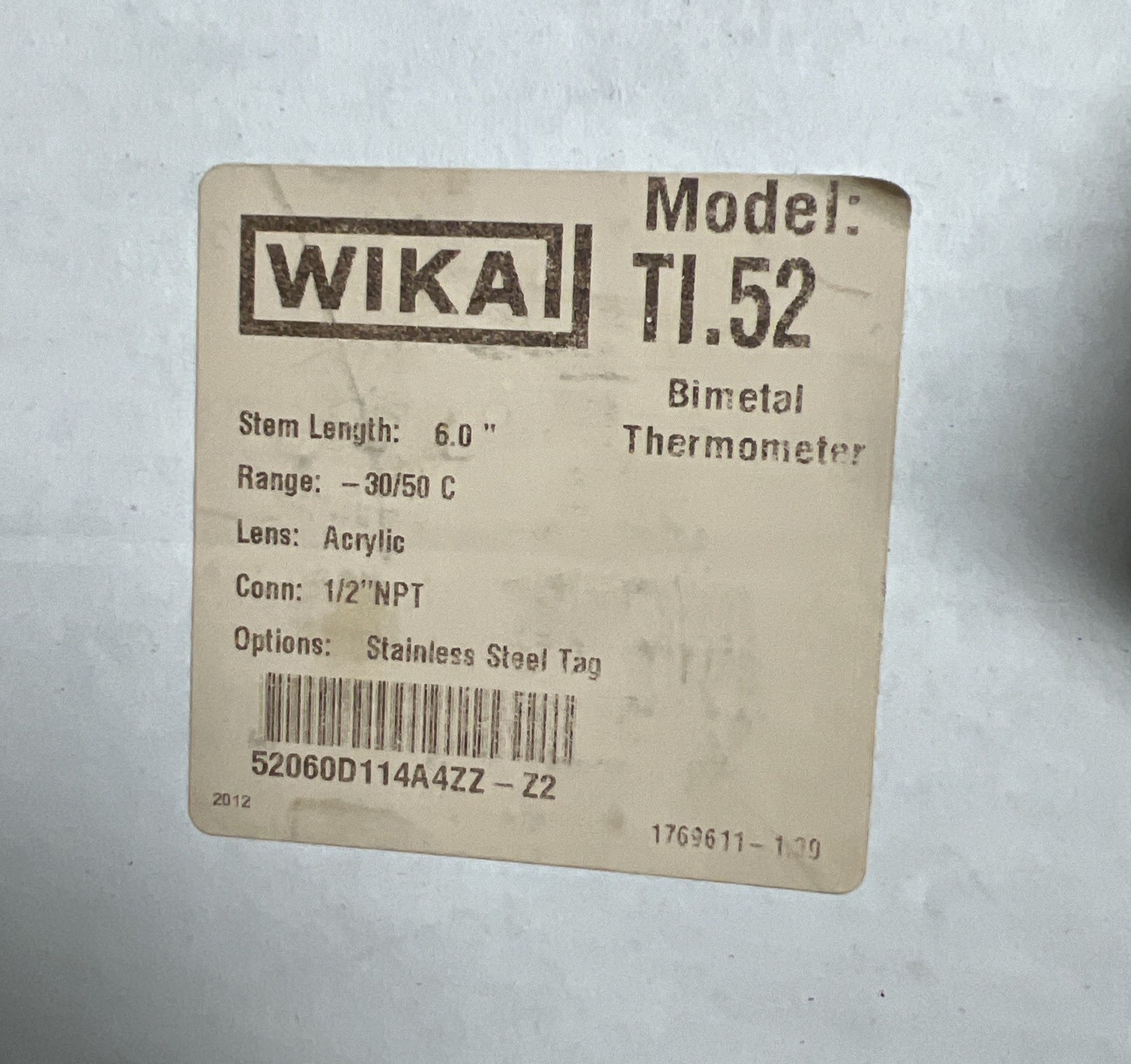 WIKA BIMETAL THERMOMETER TI.52 STEM LENGTH 6.0" RANGE -30/50C 1/2"NPT 5" FACE