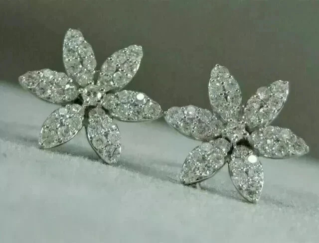 3Ct Round Lab Created Diamond Women's Flower Stud Earring 14K White Gold Plated