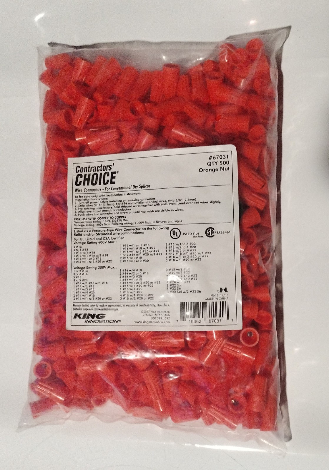 Lot of 500 Standard Electrical Wire Twist Nut Connectors 22-14 Ga Orange UL List