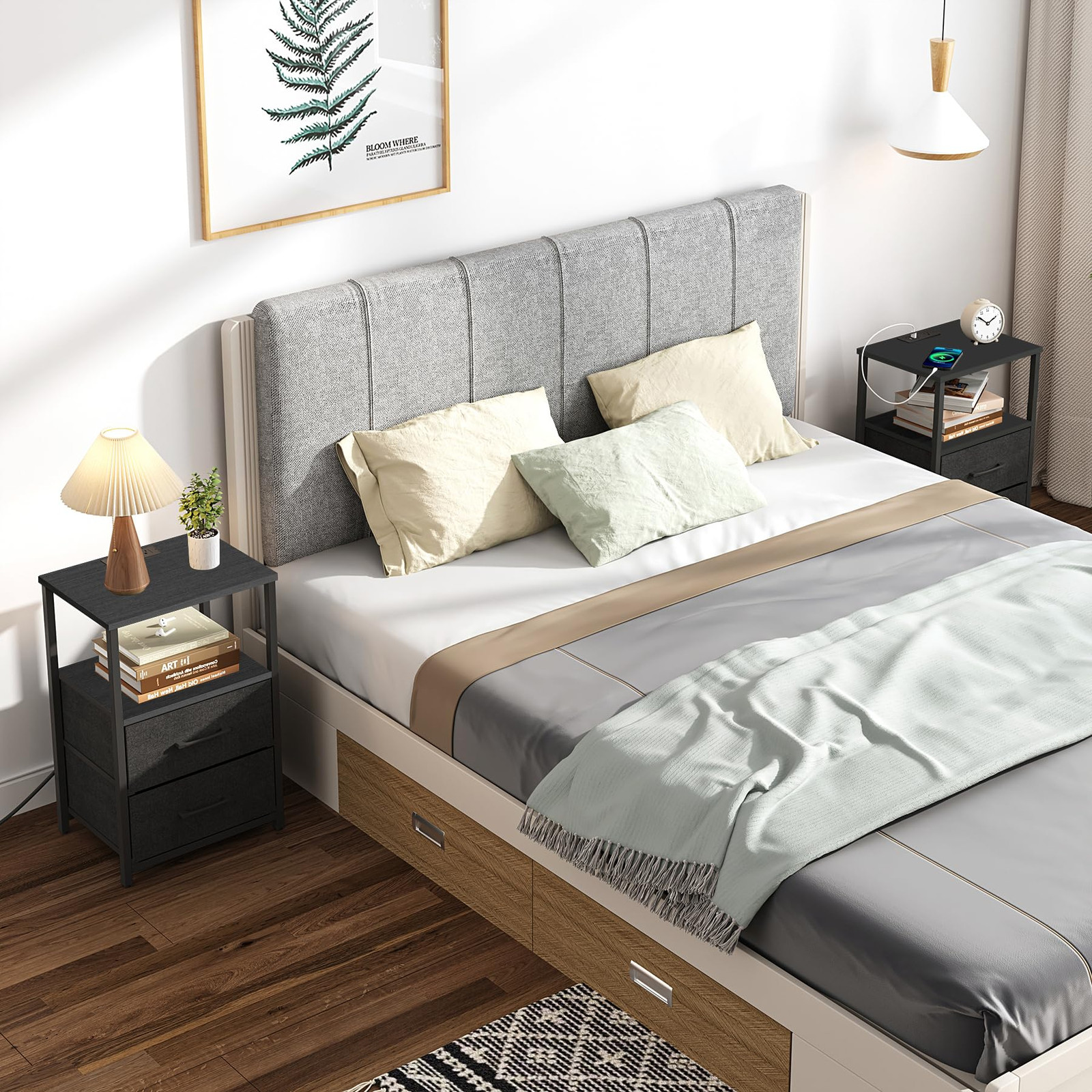 End Table with Charging Station, Side Table with 2 USB Ports and Outlets, Nig...