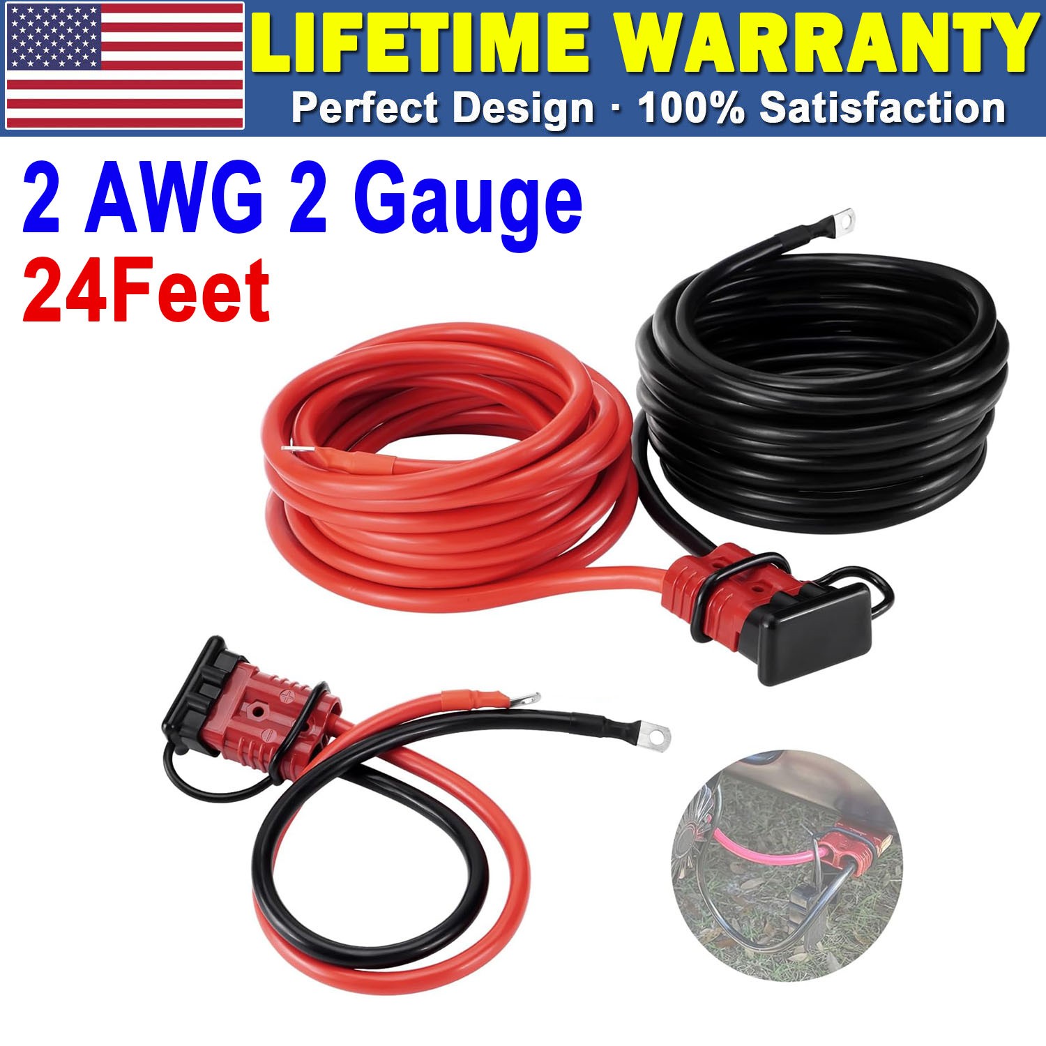 Heavy Duty 24 FT Quick Disconnect Winch Power Cable 2 Gauge 2 AWG Copper Wiring