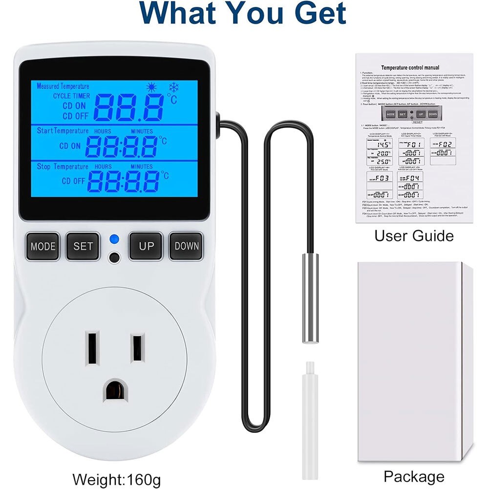 Digital Heating Cooling Thermostat Outlet, Temperature Controller w/ Probe Plug