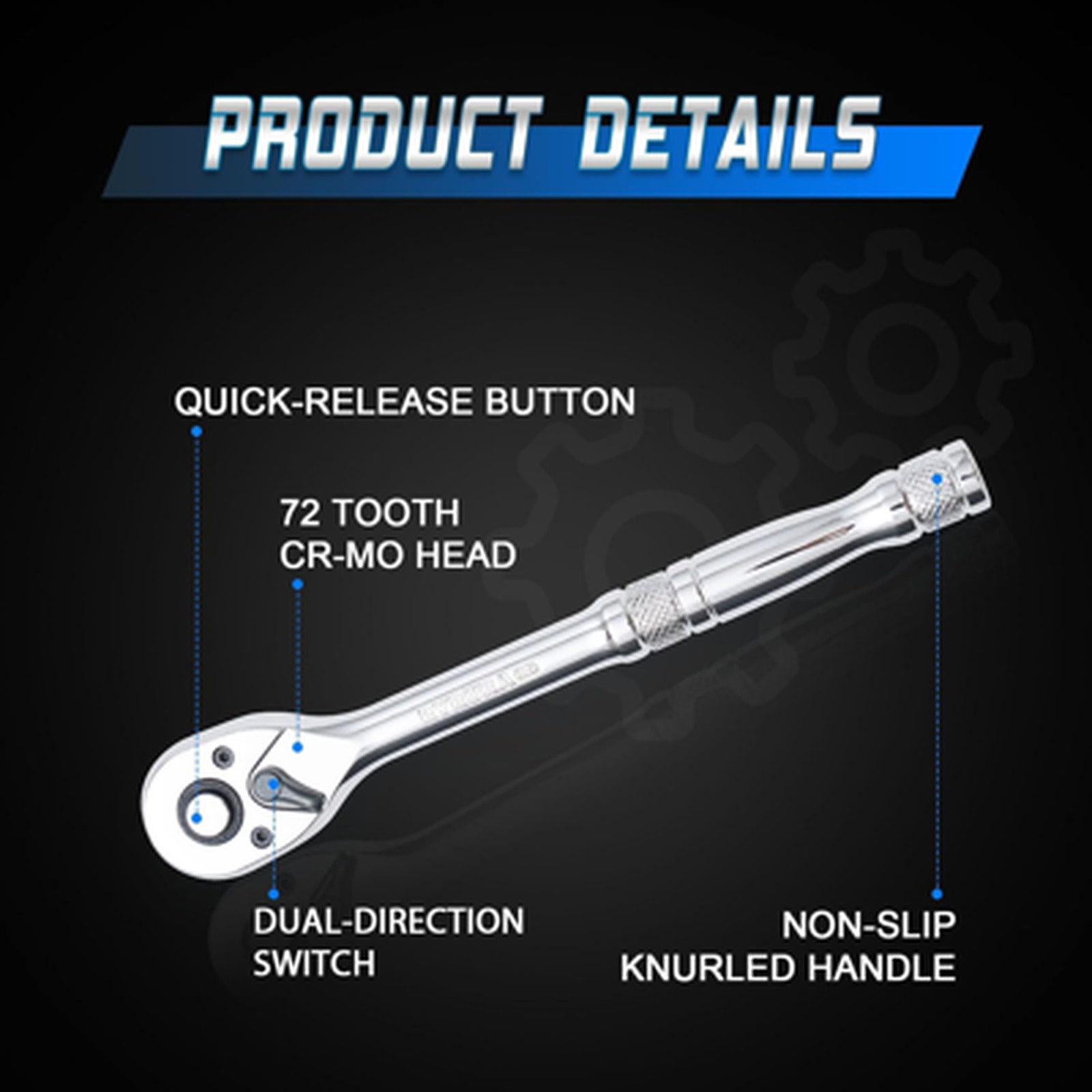 3/8 Inch Drive Ratchet Wrench Chrome Vanadium 72-Tooth Quick Release Reversible