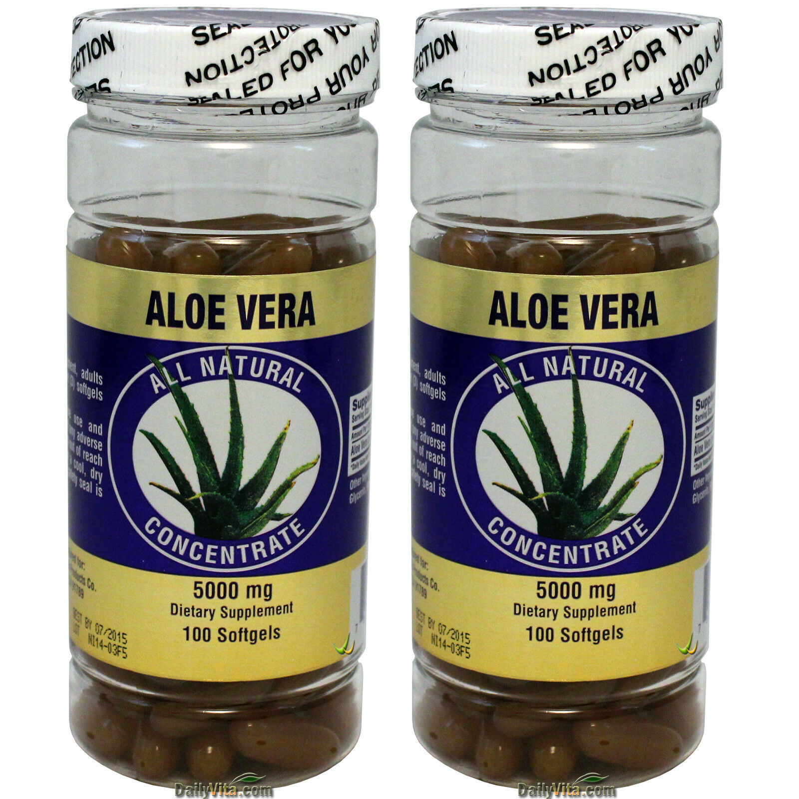 2 x Aloe Vera 5000 mg 100 Softgels All Natural Concentrate Gels
