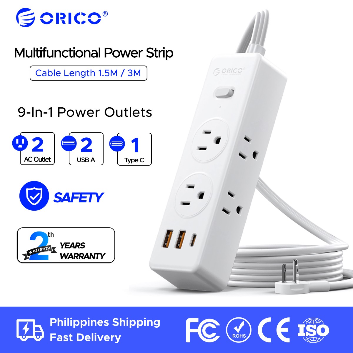 6 Outlet USB Surge Protector Power Strip Grounded Flat Plug Extension Cord 5