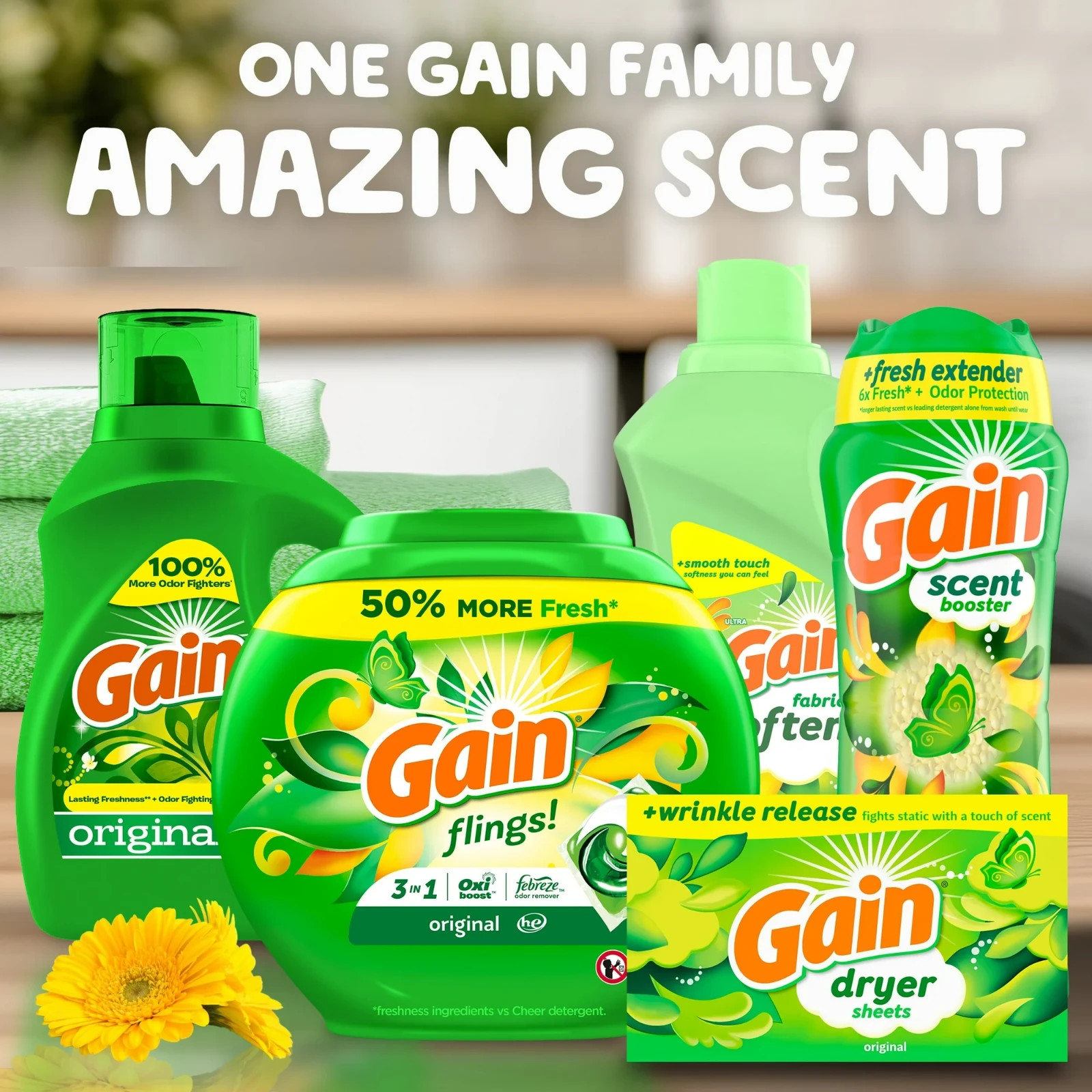 3 Pack Gain Laundry Detergent Liquid with Odor Fighters, Original Scent, 154oz