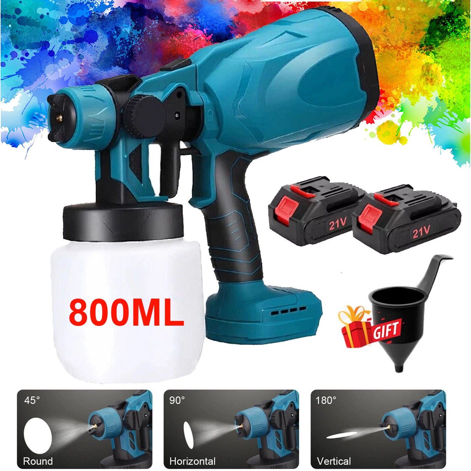 800W Cordless Electric Spray Gun High Power Paint Sprayer 2x 2200mAh Batteries