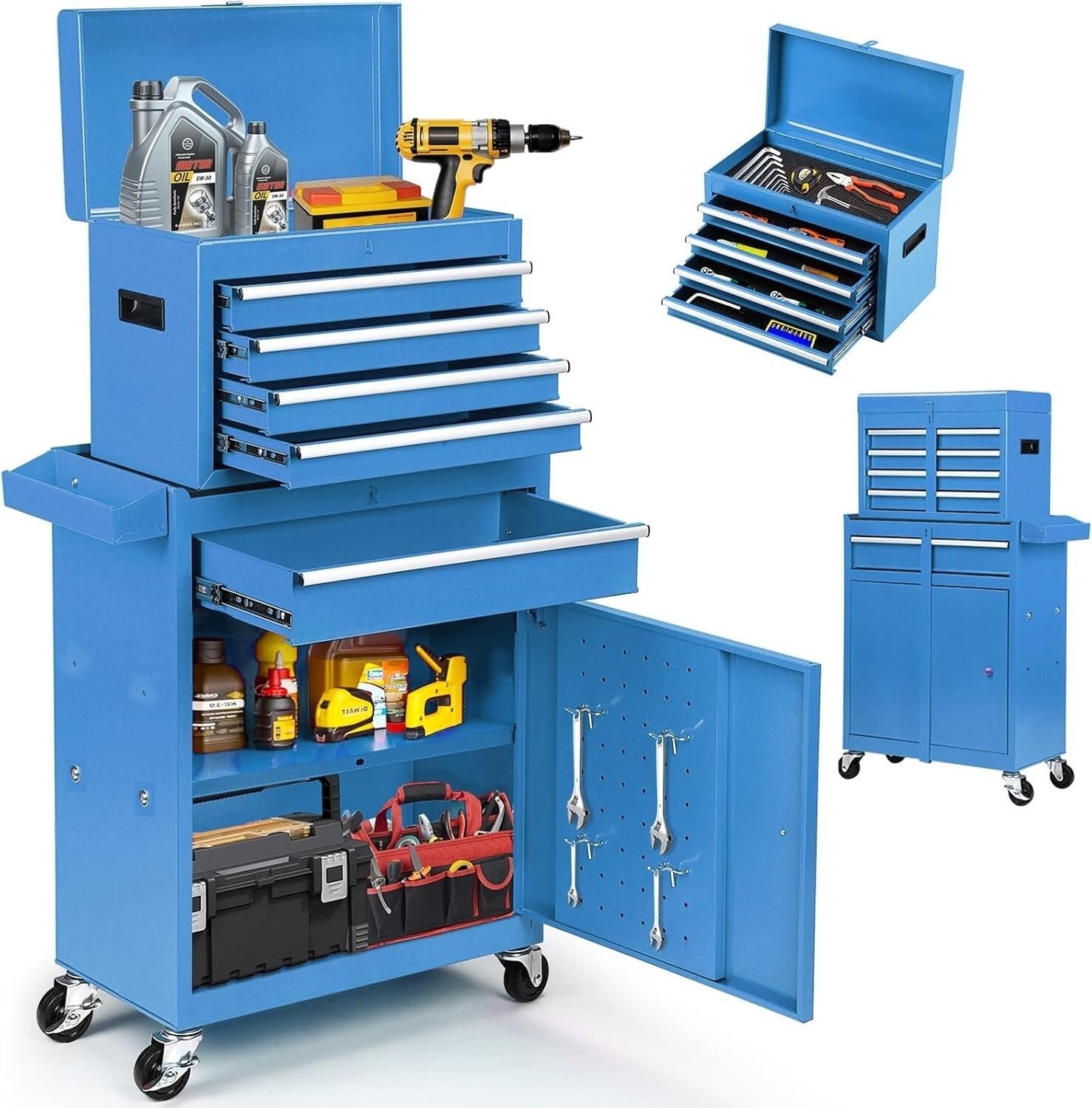 5-Drawer Rolling Tool Chest Lockable Wheel 2 in 1 Detachable Top Box Tool Cart
