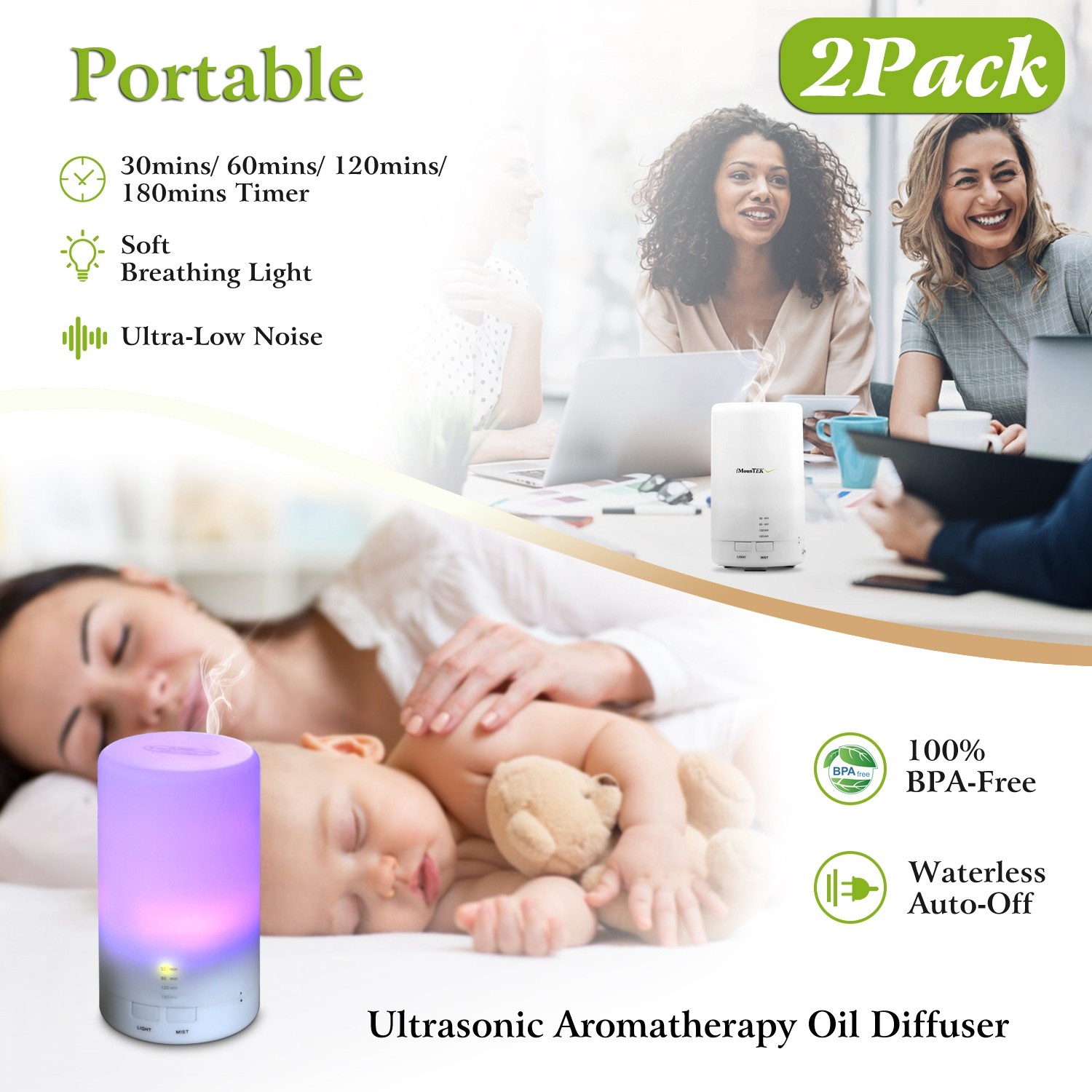 2Pack Mini Ultrasonic Cool Mist Humidifier Essential Diffuser w/ 7 Color 4 Timer