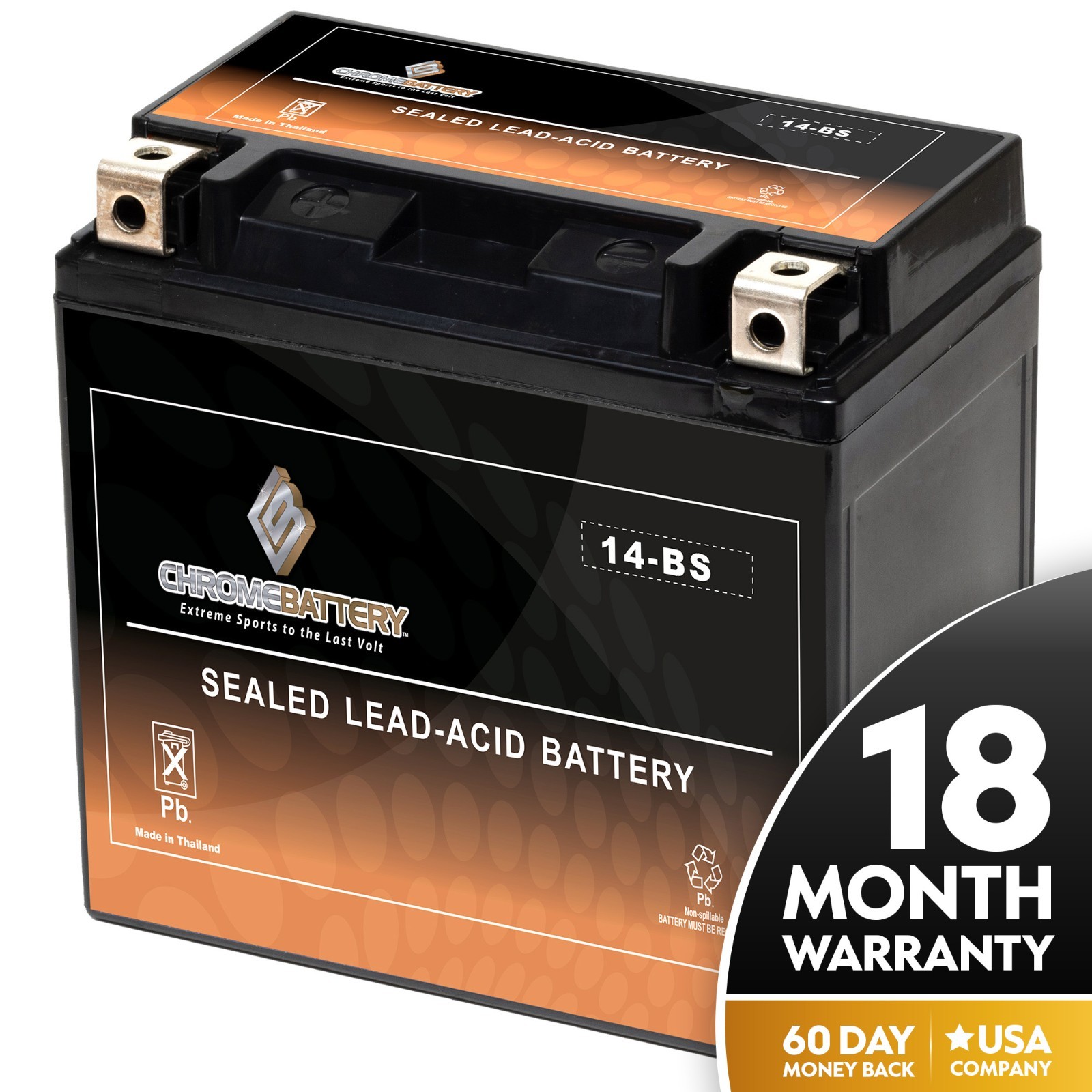 Chrome Battery YTX14-BS AGM Powersports Battery 12Ah 185 CCA 18-Month Warranty