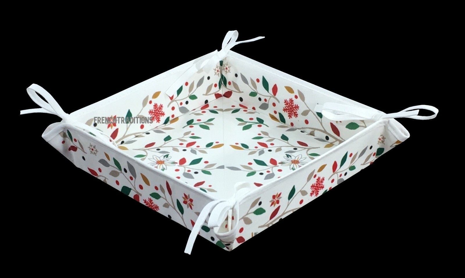 French Provencal Cotton Bread Basket Edelweiss Christmas Holly Made In France
