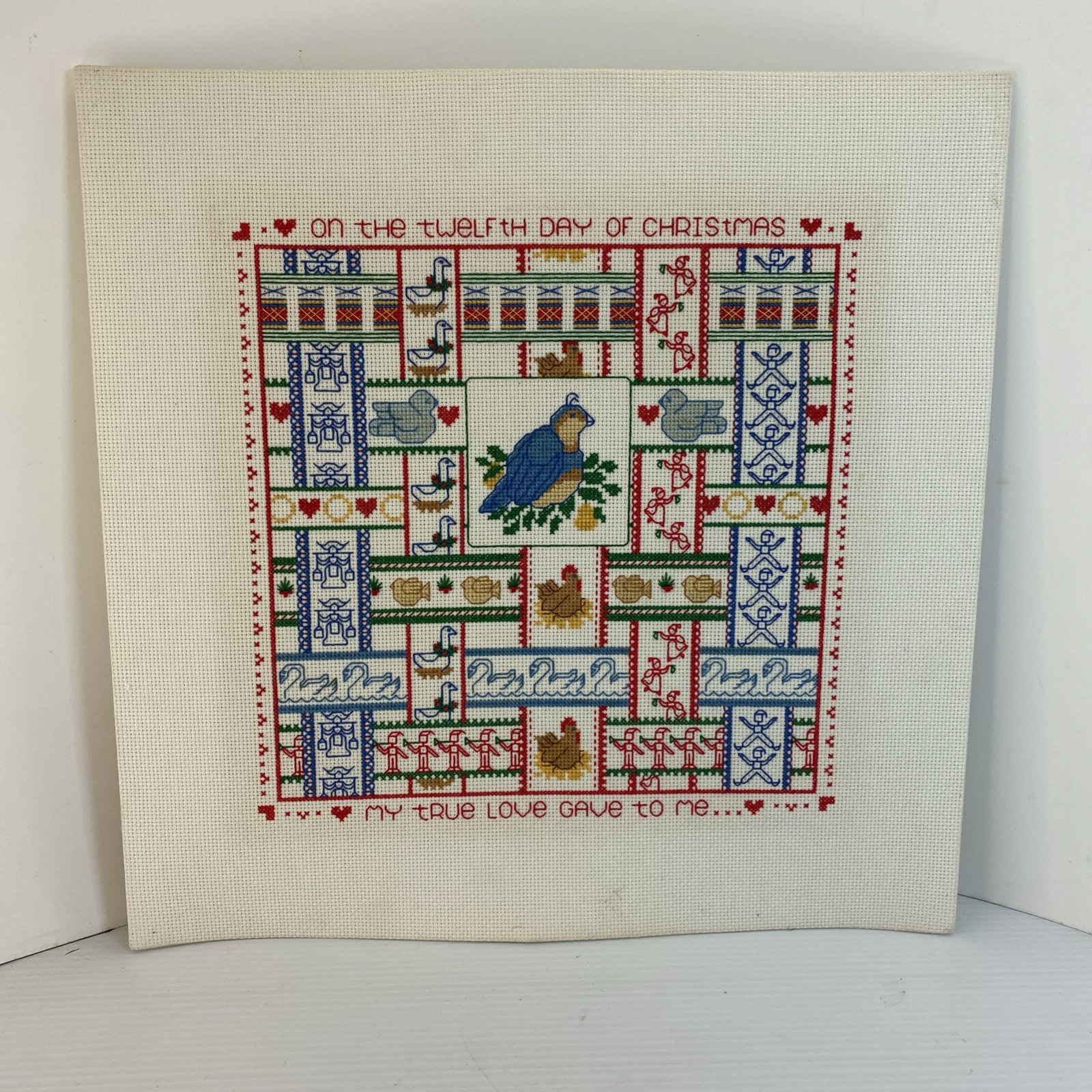 Handmade Christmas Cross Stitch Sampler 12 Days of Christmas Mounted Needlework