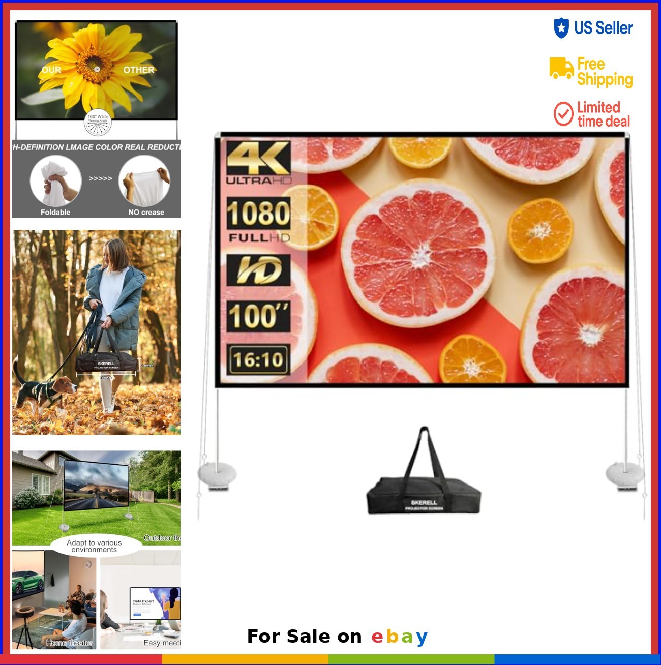 Outdoor Projector Screen with Stand 100 Inch 16:10 4K HD Portable Movie Screen