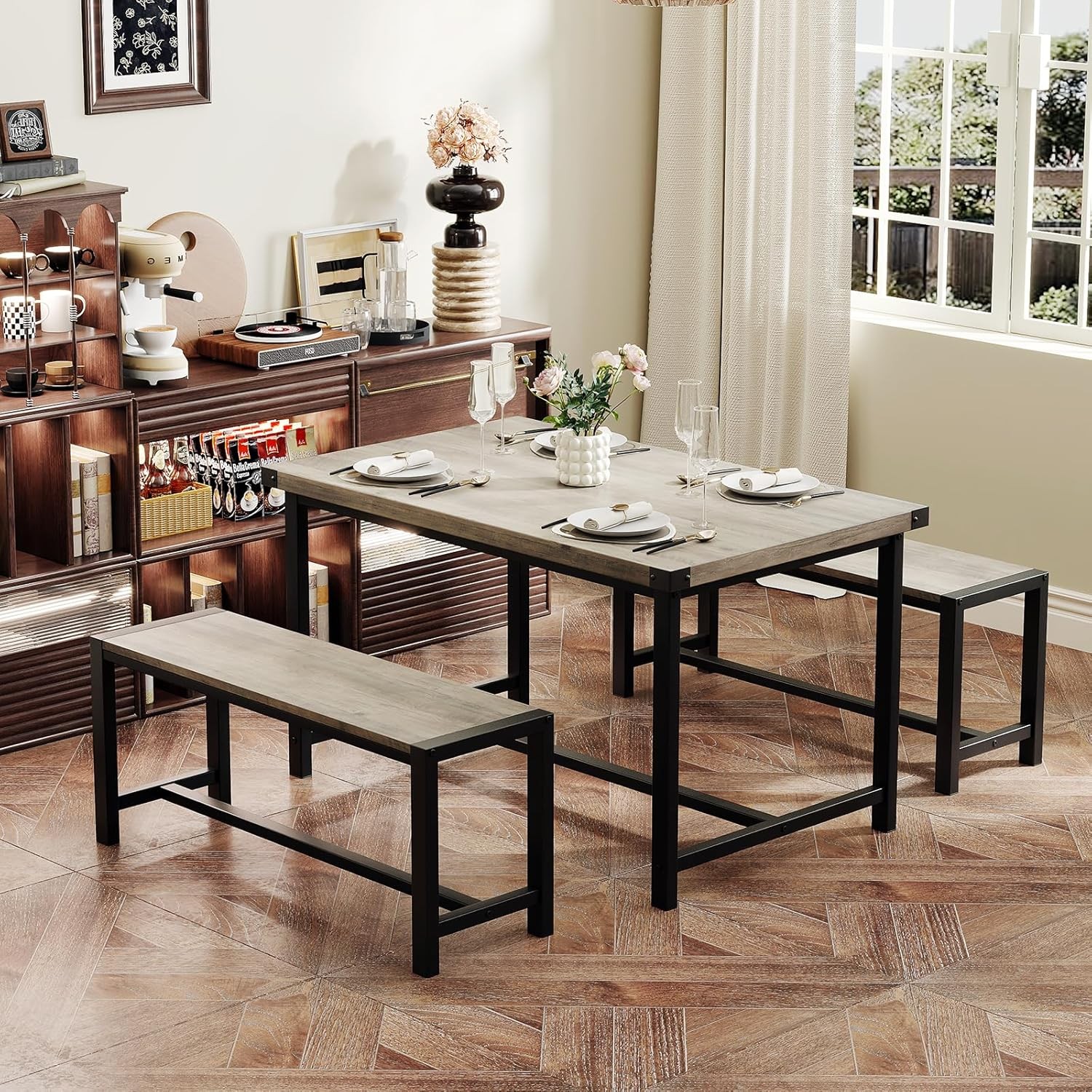 Industrial Dining Table Bench Set, MDF Metal 3 Piece for Kitchen Small Space