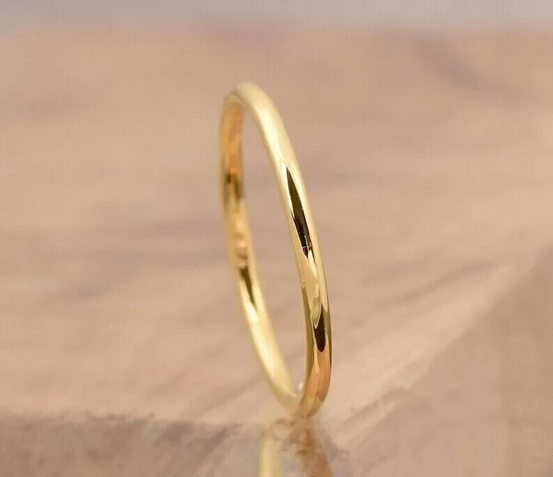 14K Yellow Gold Finish Round Wedding Band Ring Round Thin Band Ring