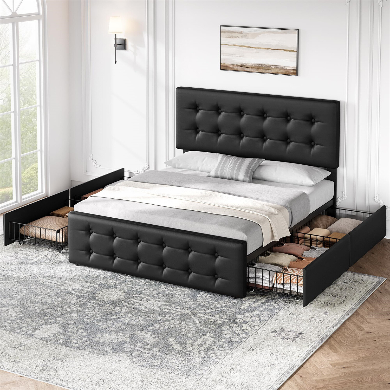 ⭐Full Size Bed Frame with 4 Storage Drawers and Headboard Upholstered Platform U