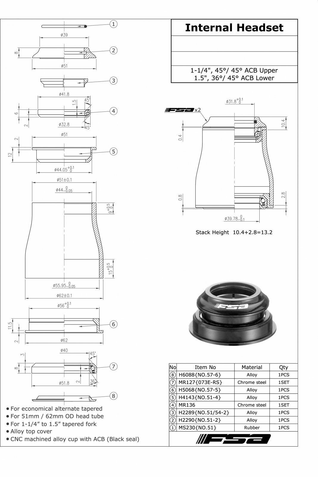 FSA No.51 1-1/4" - 1.5" Semi-integrated Headset