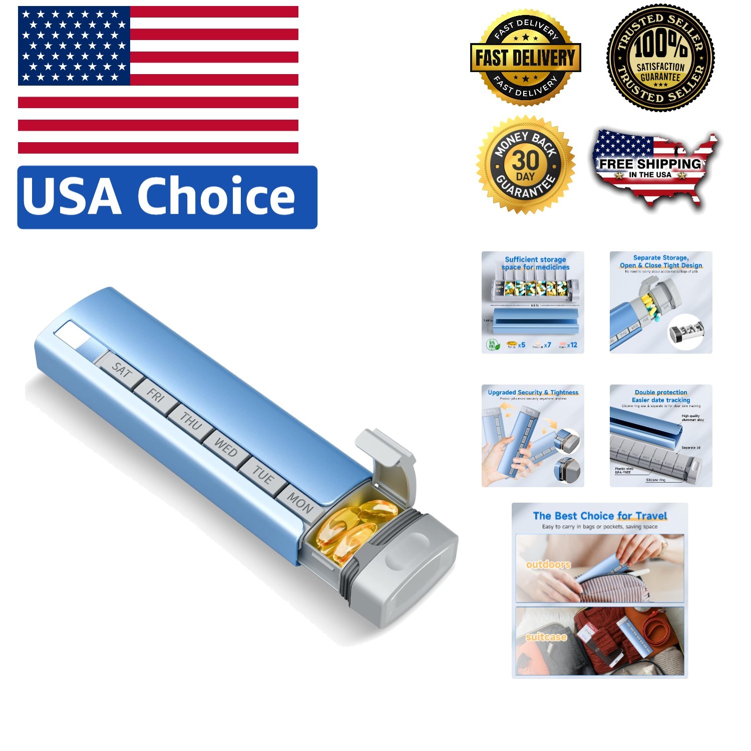 Blue Weekly Pill Box - Safe, Stylish & Lightweight for Travel Essentials