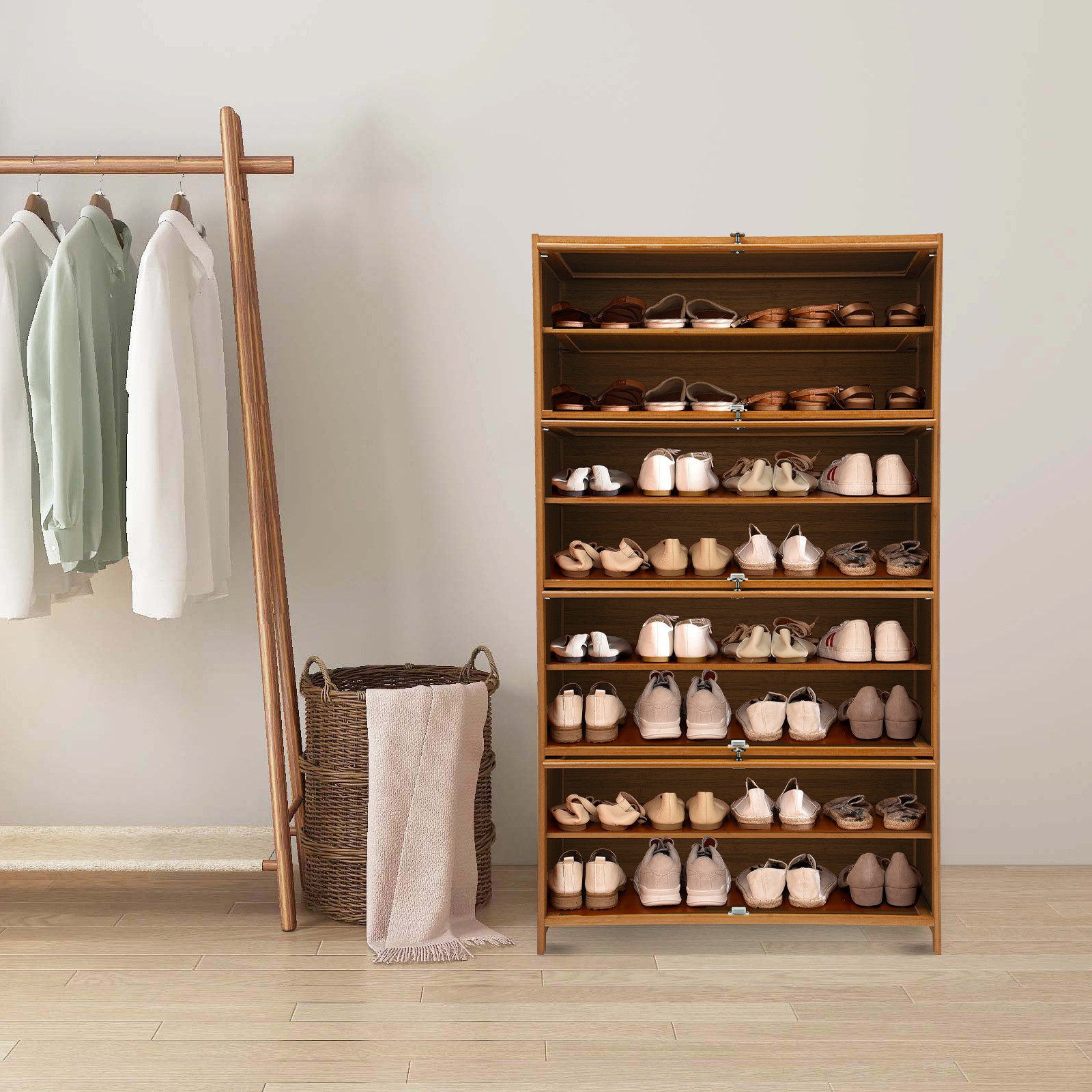 9 Tiers Free Standing Wooden Shoe Cabinet Shoes Storage Shelf Shoe Organizer