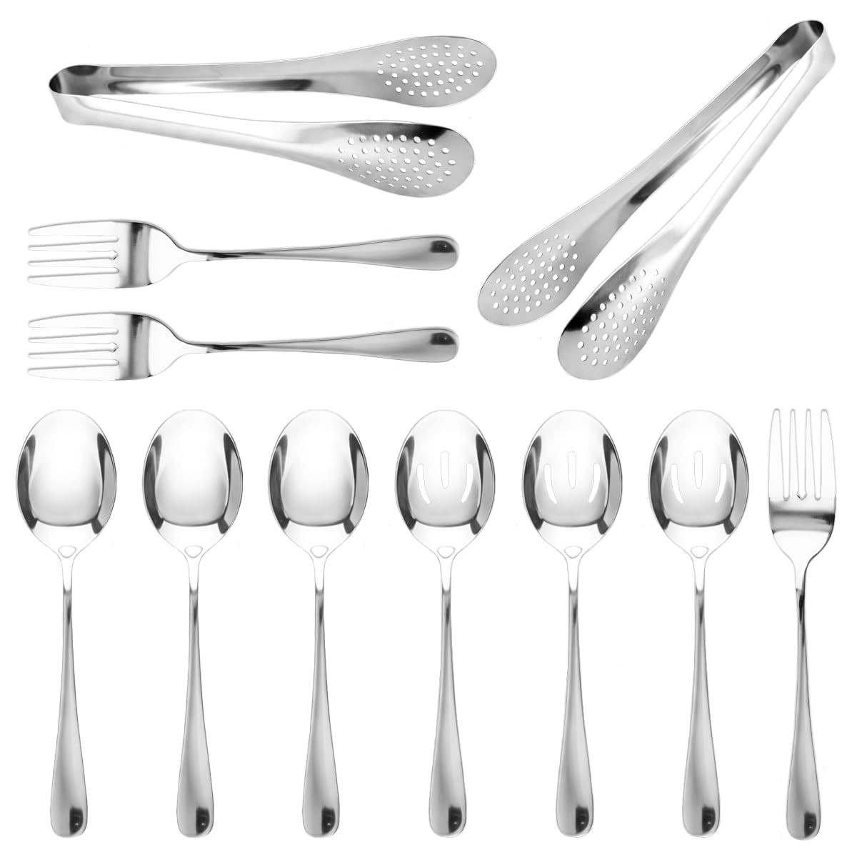 Silver Stainless Steel Large Serving Utensil Spoon Fork Tong Slotted 11 PCS