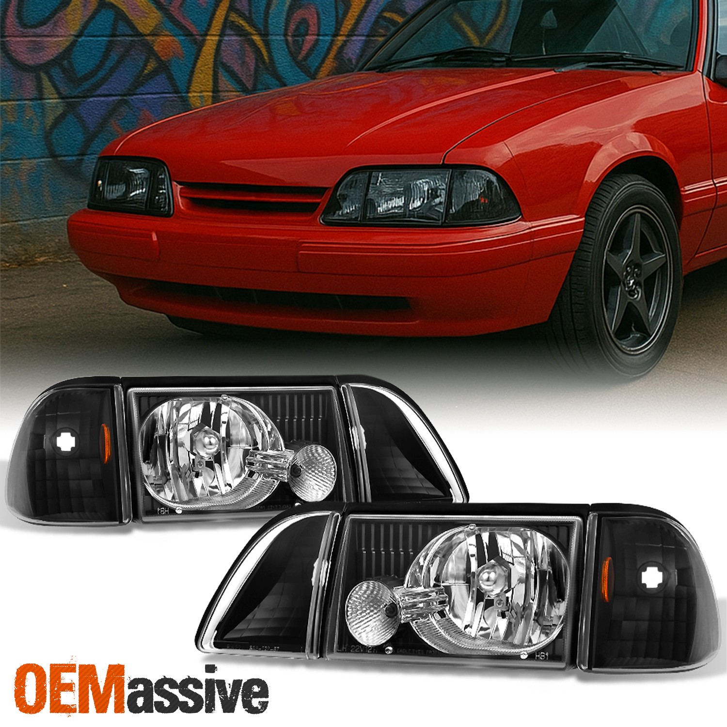 Fit 1987-1993 Ford Mustang Black Headlights w/Corner & Parking Lights 6Pcs 87-93