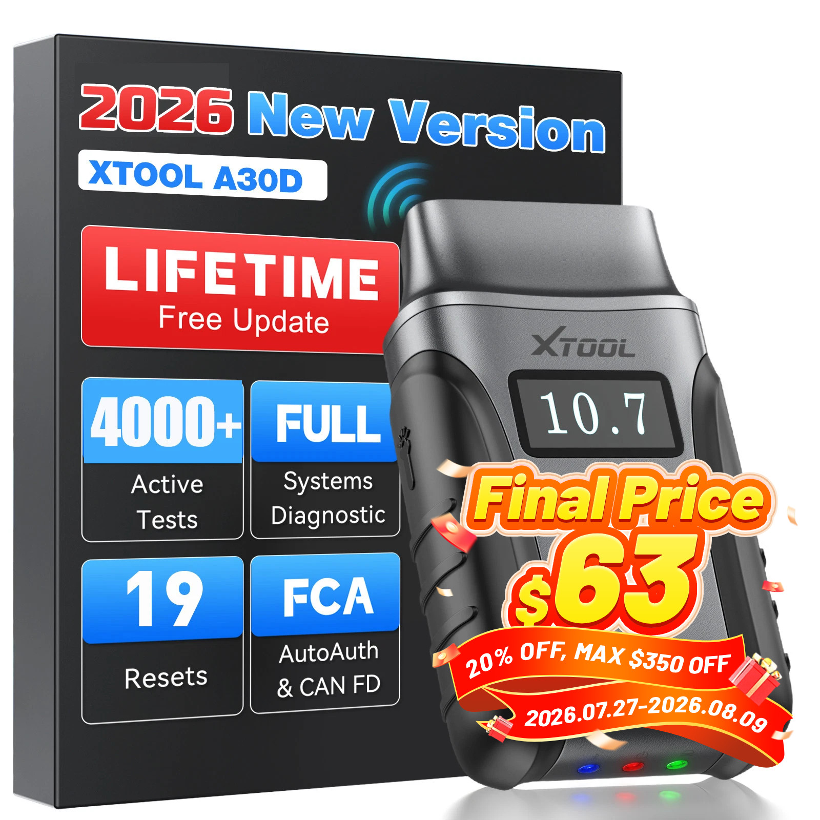 XTOOL A30D V2.0 BT OBD2 Full System Bidirectional Scan Tool 19+ Services F.CA