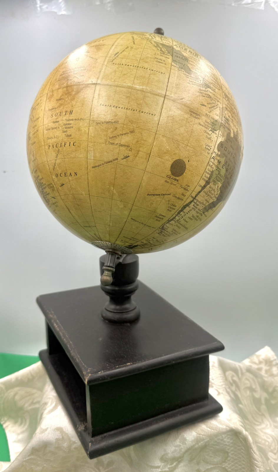 Decorative 16" World Globe with Rustic Wood Open Drawer