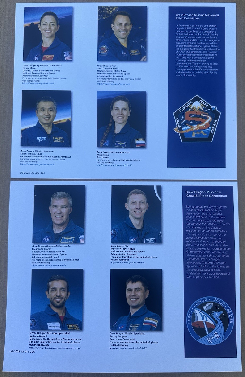 SpaceX Crew-5 & Crew-6 Signed Official NASA lithos