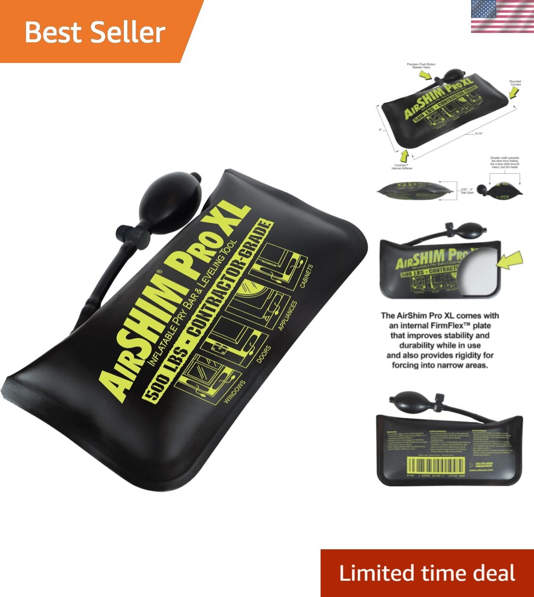 1194 AirShim XL Inflatable Pry Bar and Leveling Tool | 500 LB Load Holding Ra...