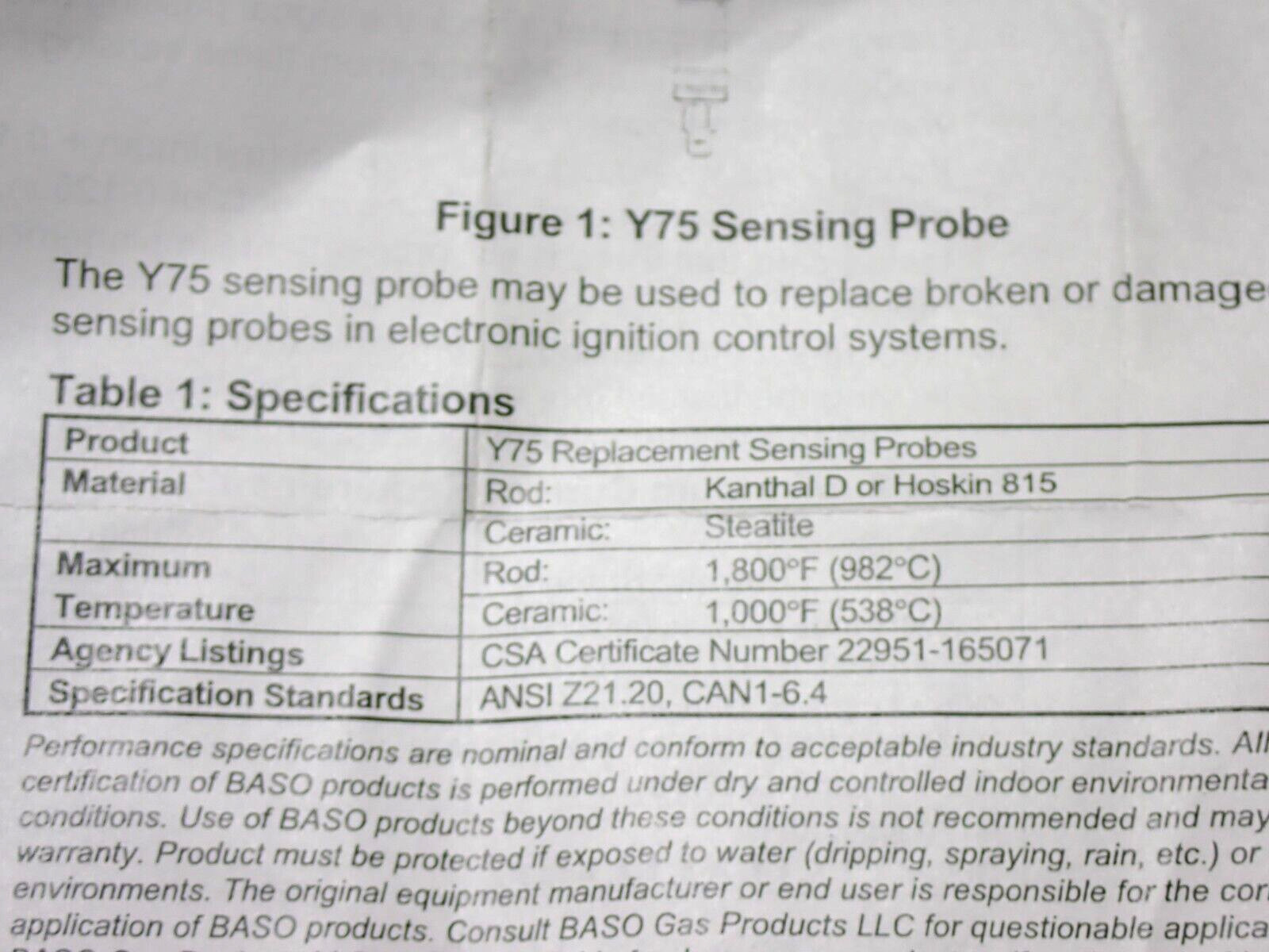 Y75AS-2 BASO SENSING PROBE FLAME SENSOR NEW
