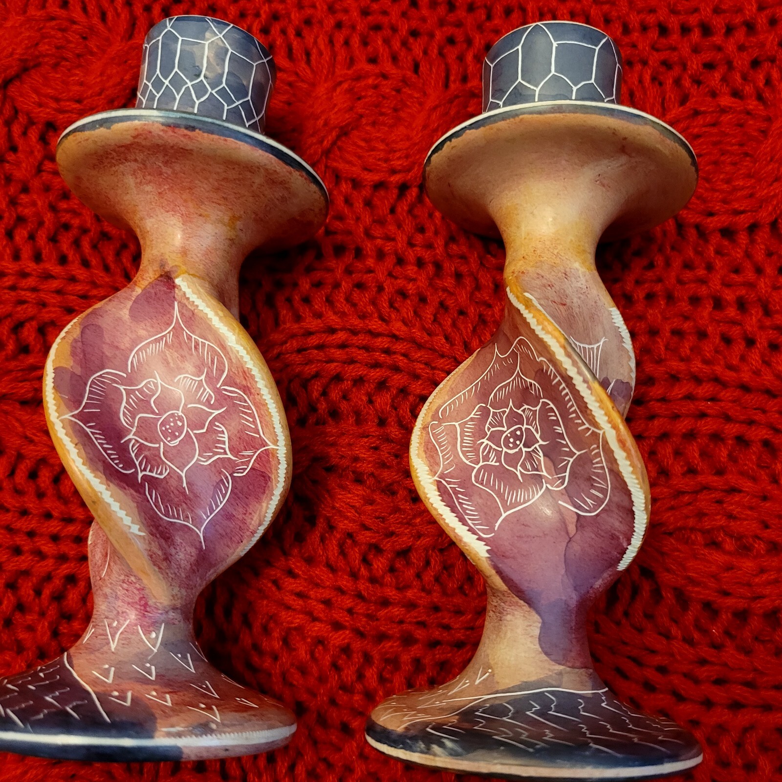 Soapstone Hand Crafted Candle Sticks With Floral and Fish Motif. Made In Kenya