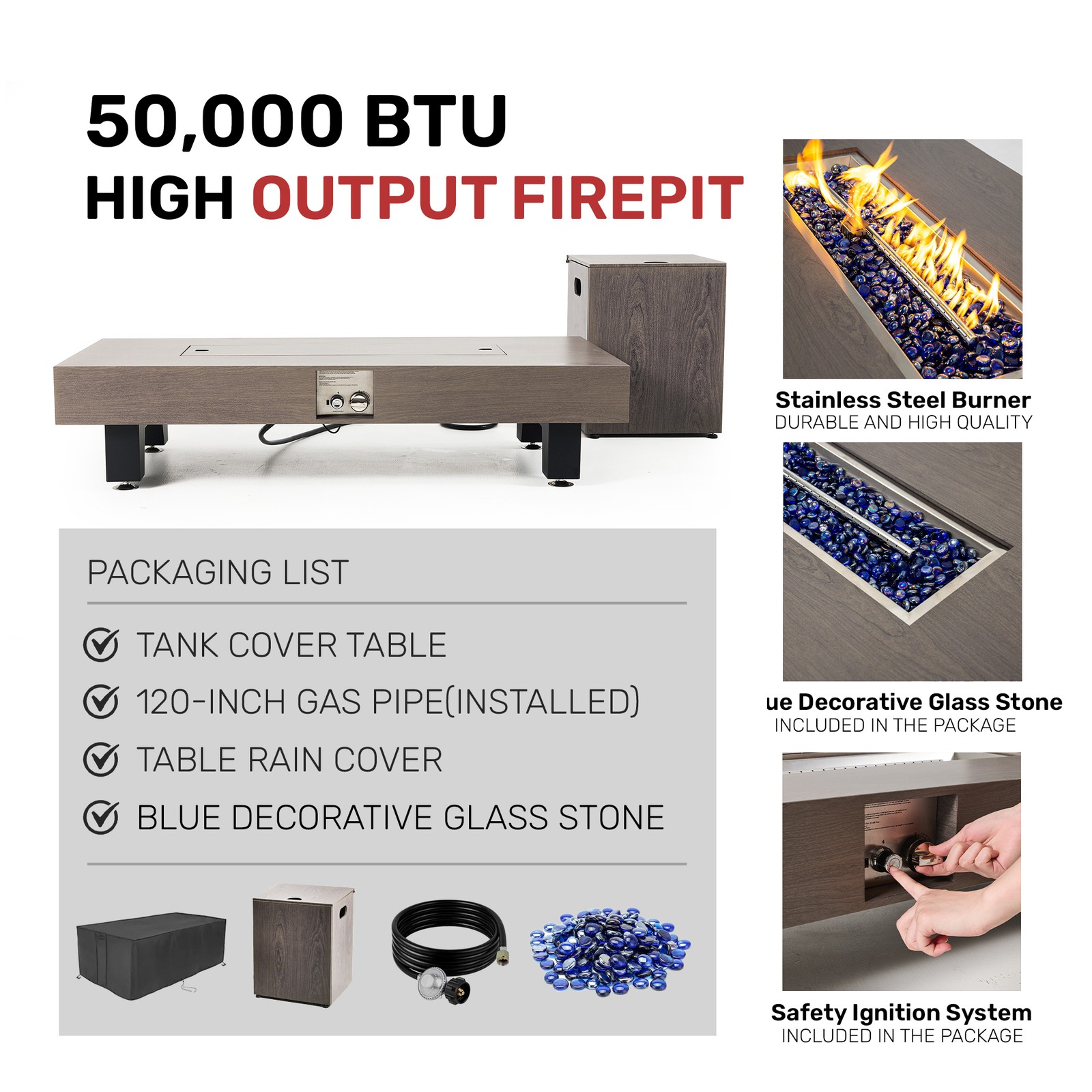54 Inch Propane Fire Pit Table Outdoor Rectangular Heater 50000 BTU Stainless
