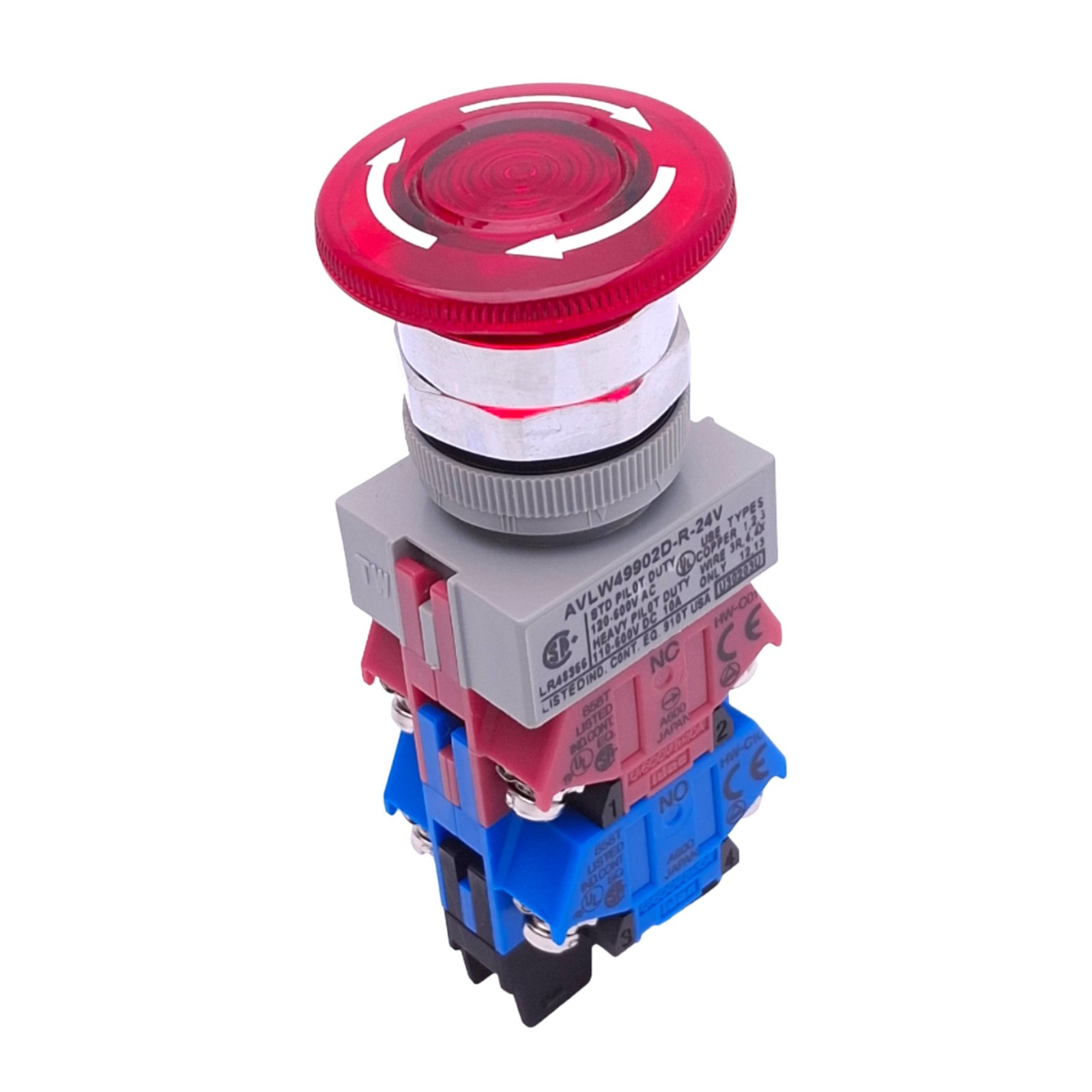 IDEC AVLW49902D-R-24V Red Illuminated Push/Twist E-Stop Switch, 22mm, 2NO 2NC