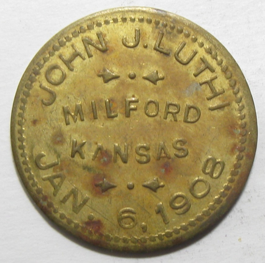 1908 John J Luthi Milford Kans Kansas GOOD for 50c Merchandise Token - #11213-45