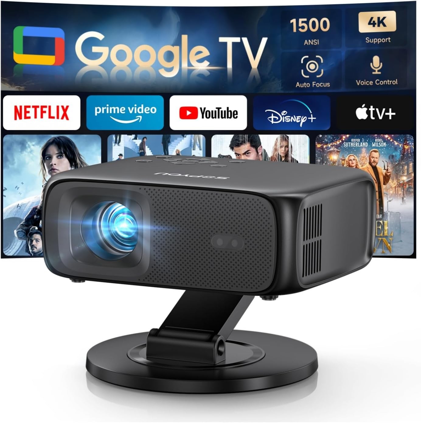 1500ANSI Google TV Smart Projector, Auto Focus & Keystone,with Stand | For Offic