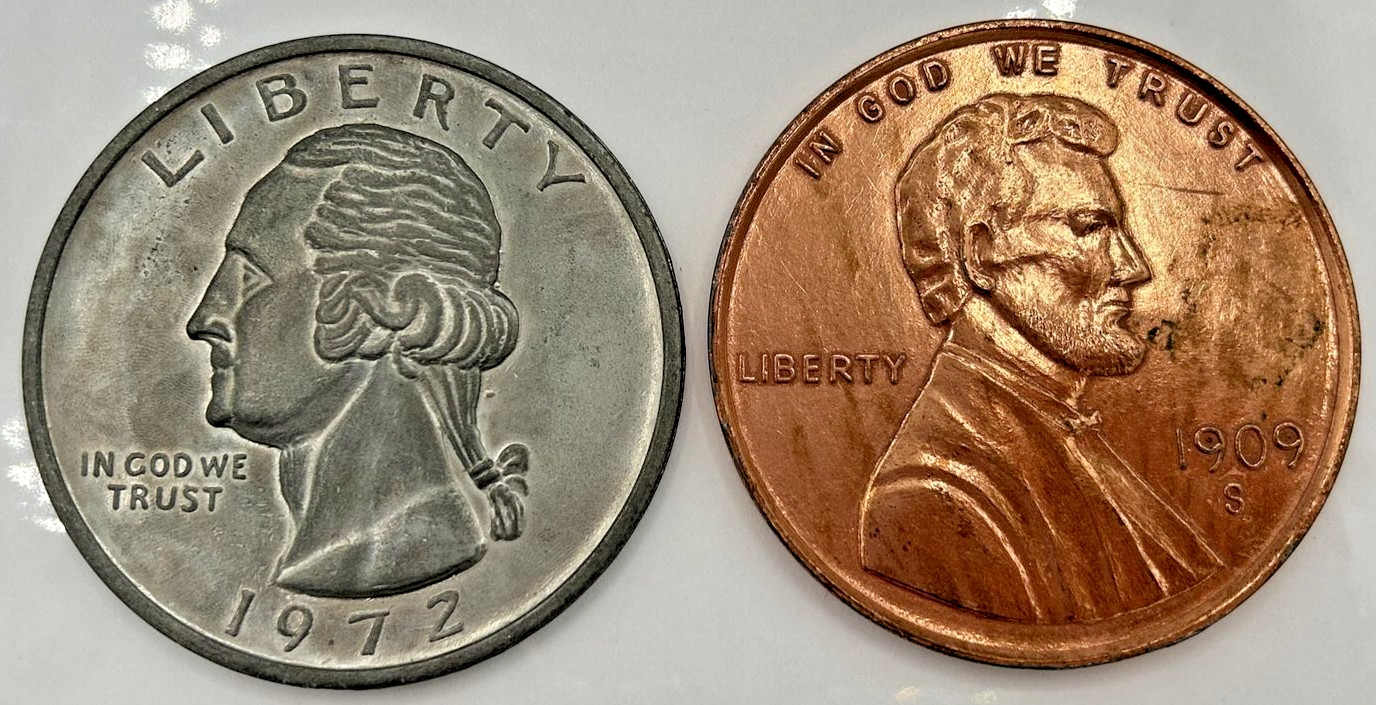 Vintage Jumbo  3" Quarter and 3" Wheat Cent Novelty Coins PB11