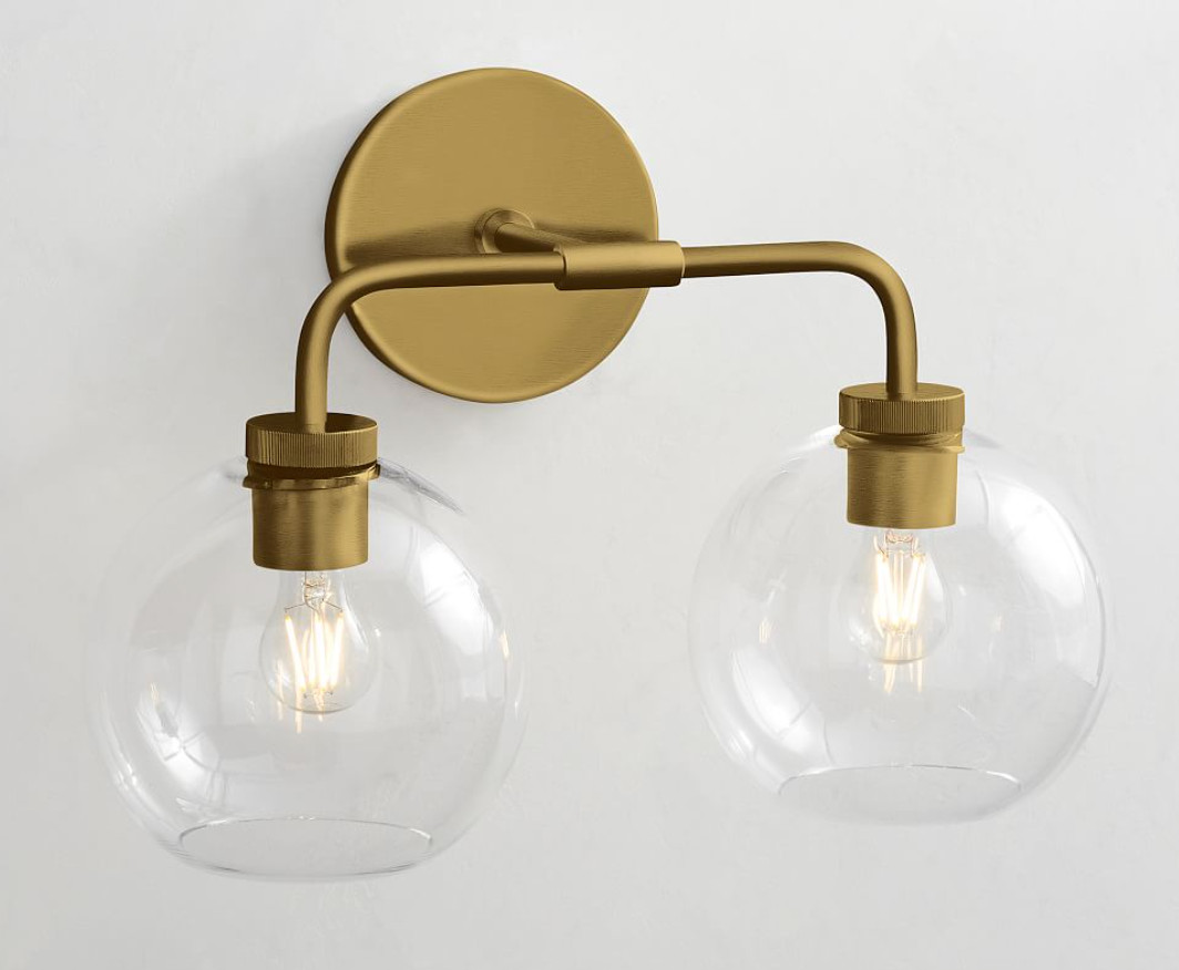 Pottery Barn Reagan Double Glass Globe Sconce, Tumbled Brass