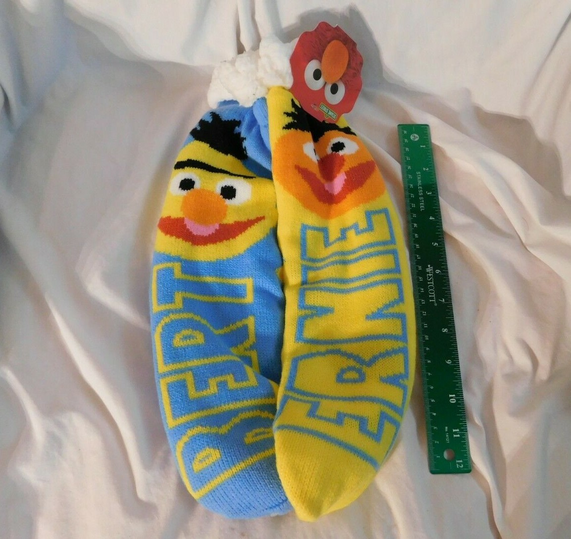 New 15" Adult Bert & Ernie Yellow & Blue Sherpa Socks Sesame Street Tread Bottom