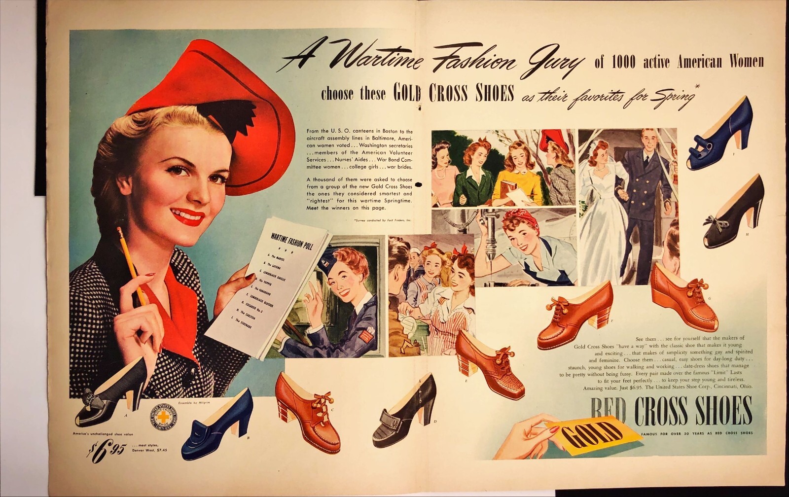 1943 Gold Cross Shoes Wartime Fashion Poll WWII Vintage 2 Page Print Ad