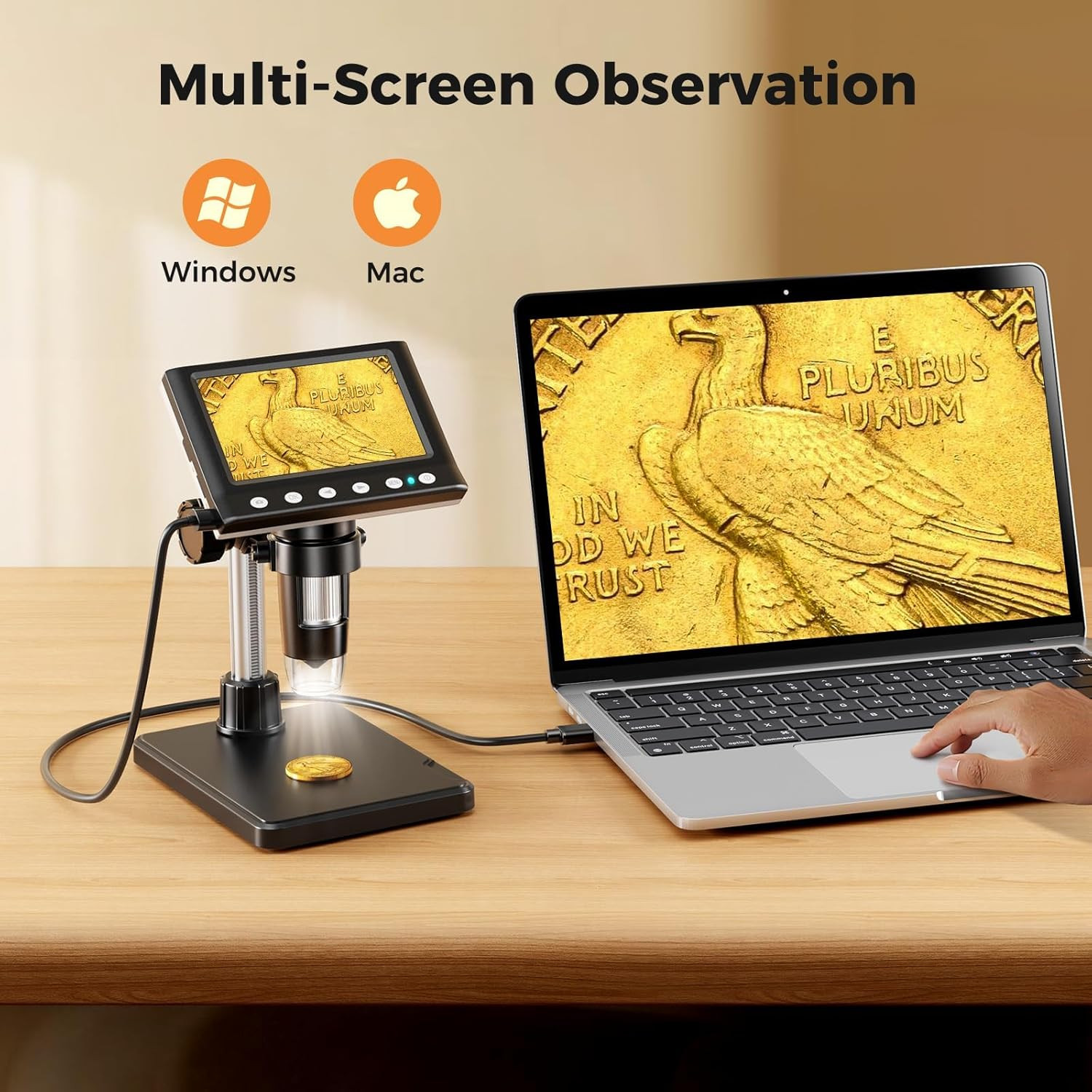 4.3" LCD Digital Coin Microscope, 1000x USB Magnifier w/ 8 Adjustable LED Lights